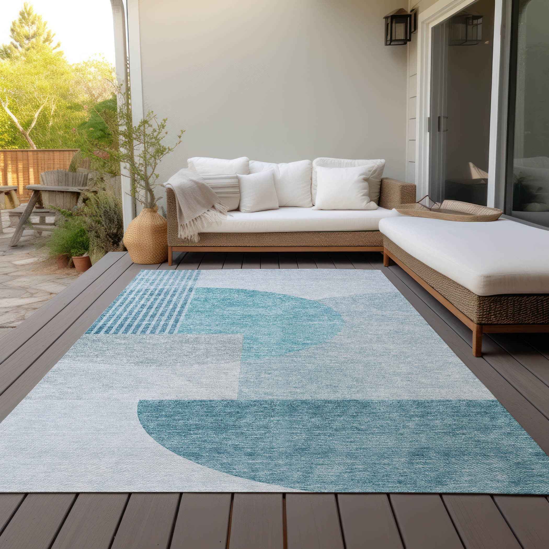 9' X 12' Teal Blue And Silver Geometric Washable Indoor Outdoor Area Rug