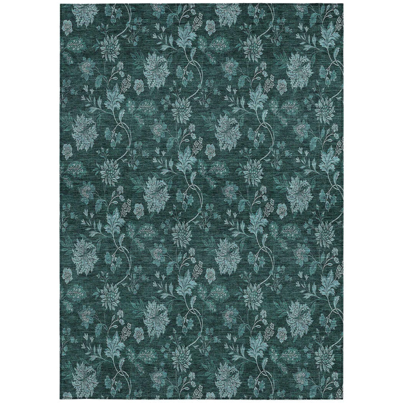 3' X 5' Teal Blue And Aqua Floral Washable Indoor Outdoor Area Rug