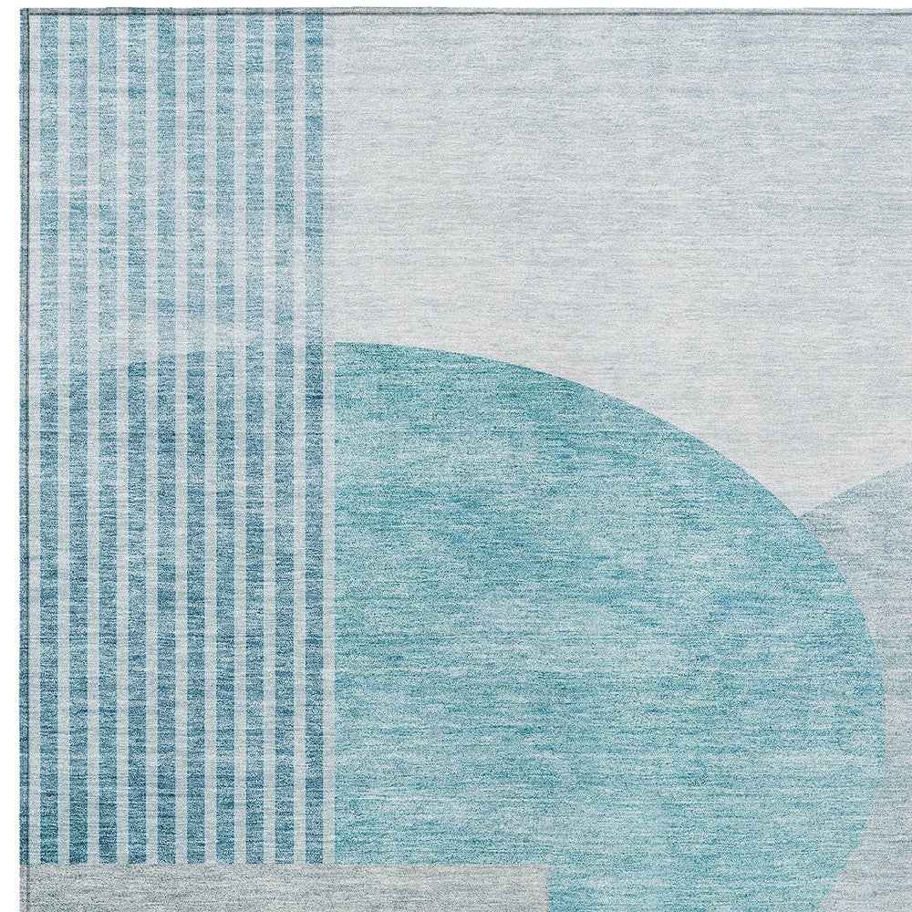 9' X 12' Teal Blue And Silver Geometric Washable Indoor Outdoor Area Rug