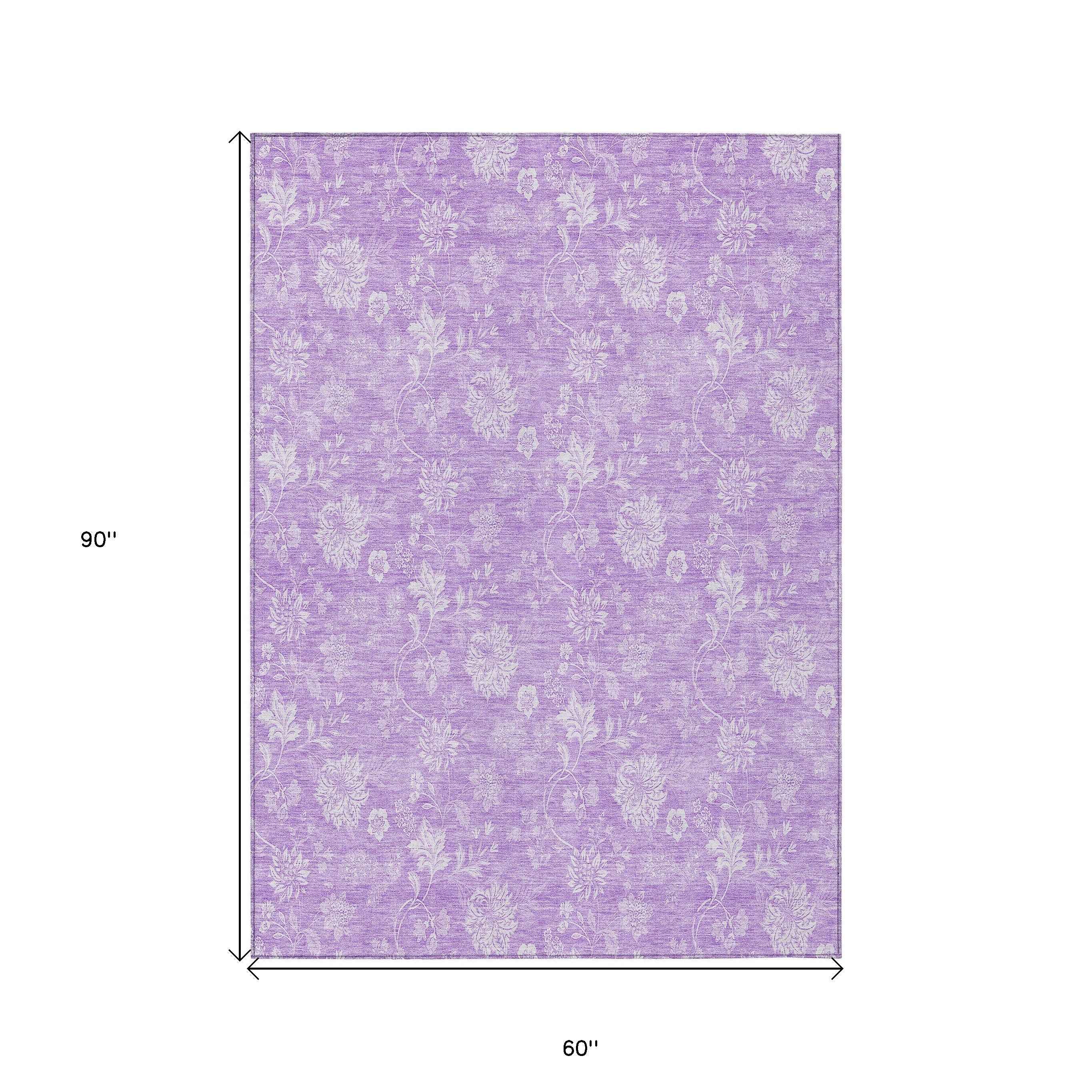 5' X 8' Lavender And Lilac Floral Washable Indoor Outdoor Area Rug