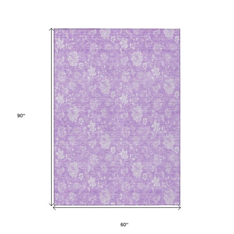 5' X 8' Lavender And Lilac Floral Washable Indoor Outdoor Area Rug