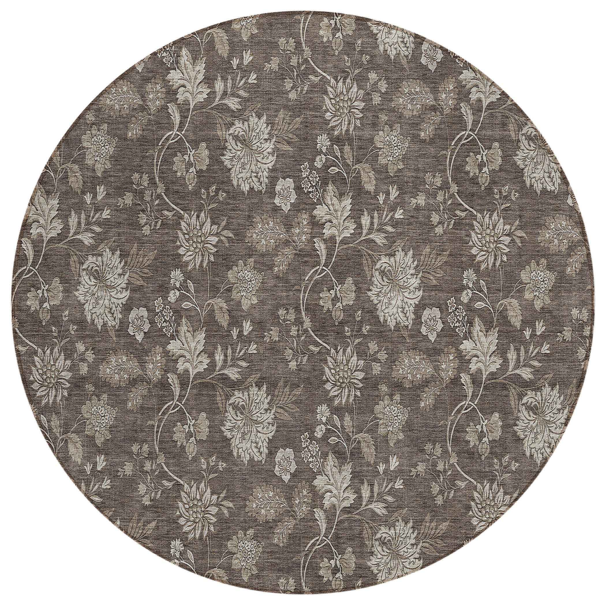 8' Chocolate Beige And Taupe Round Floral Washable Indoor Outdoor Area Rug