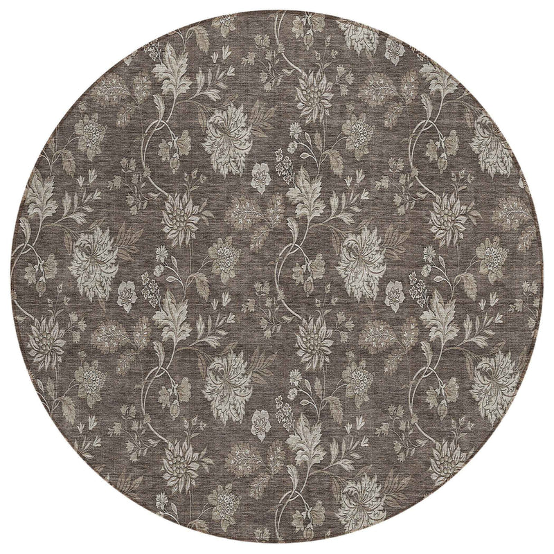 8' Chocolate Beige And Taupe Round Floral Washable Indoor Outdoor Area Rug