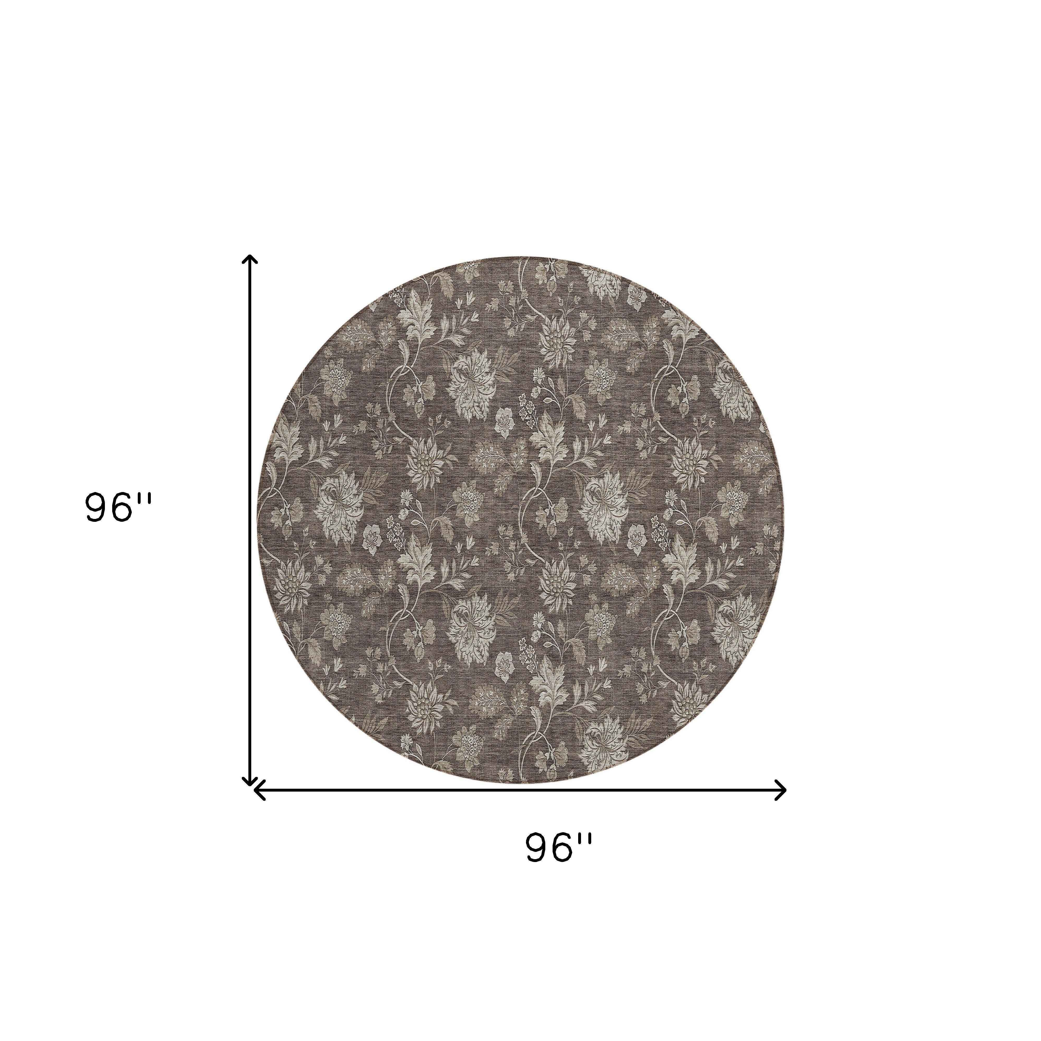 8' Chocolate Beige And Taupe Round Floral Washable Indoor Outdoor Area Rug