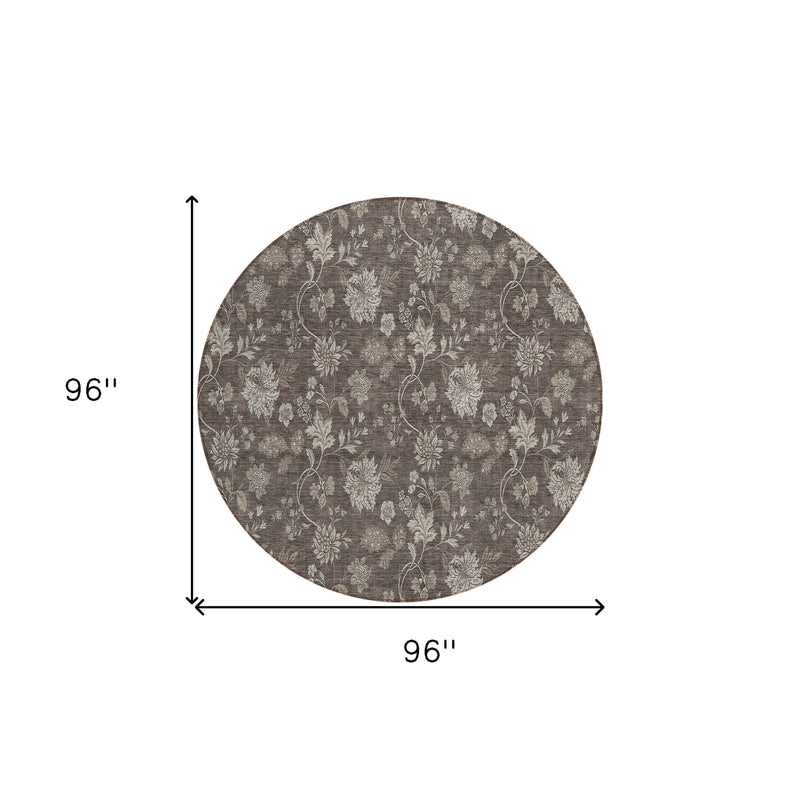 8' Chocolate Beige And Taupe Round Floral Washable Indoor Outdoor Area Rug