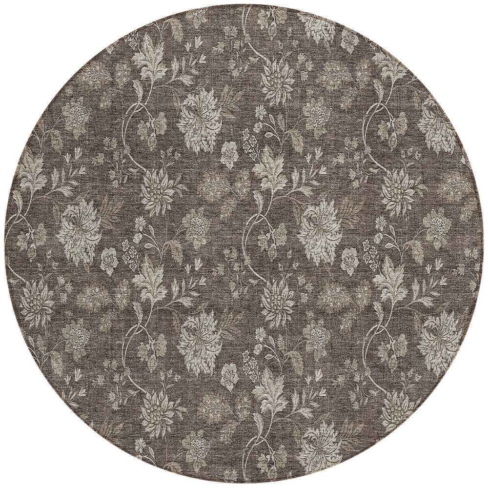 8' Chocolate Beige And Taupe Round Floral Washable Indoor Outdoor Area Rug