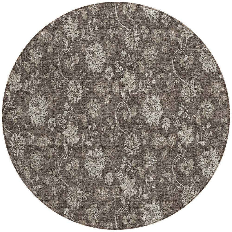 8' Chocolate Beige And Taupe Round Floral Washable Indoor Outdoor Area Rug