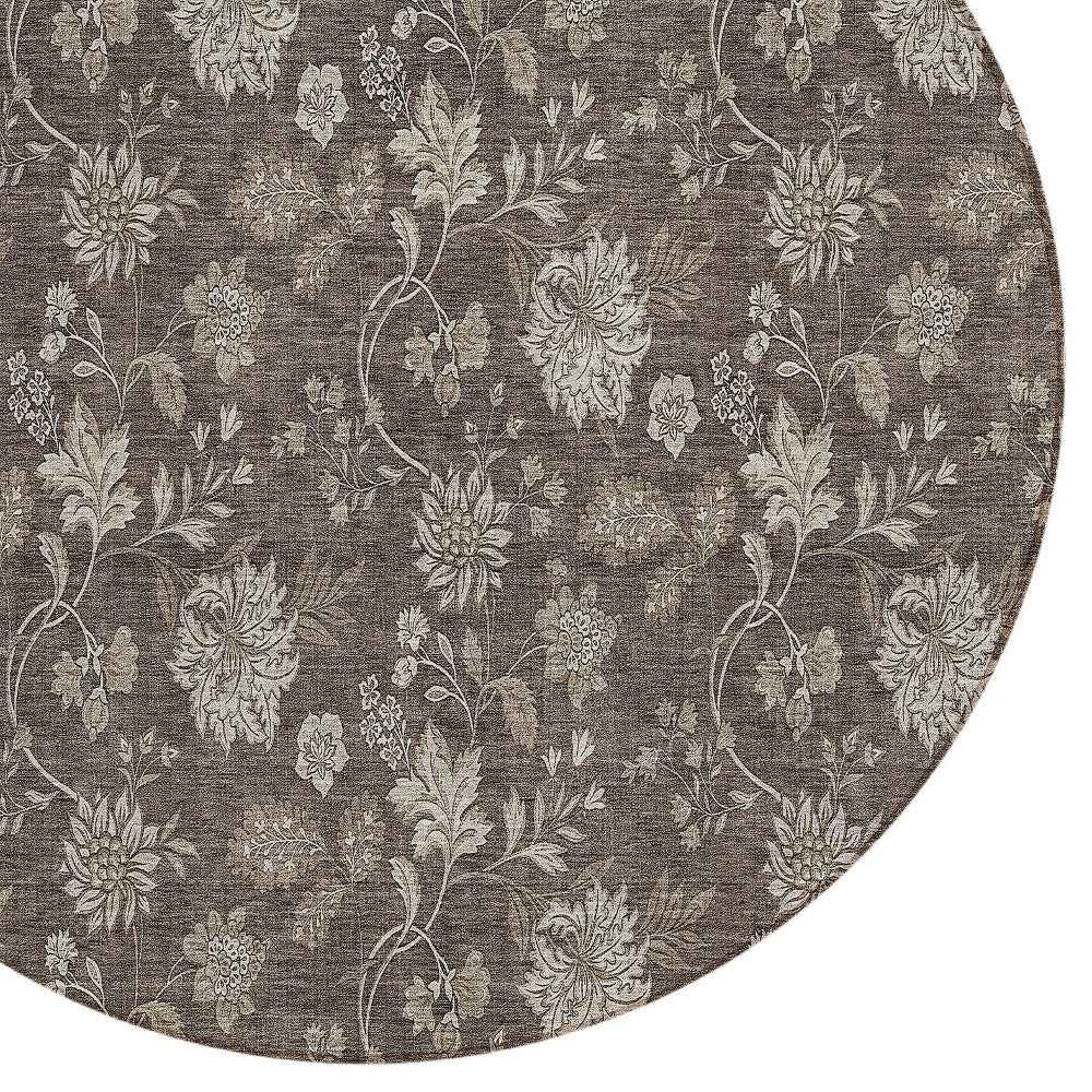 8' Chocolate Beige And Taupe Round Floral Washable Indoor Outdoor Area Rug