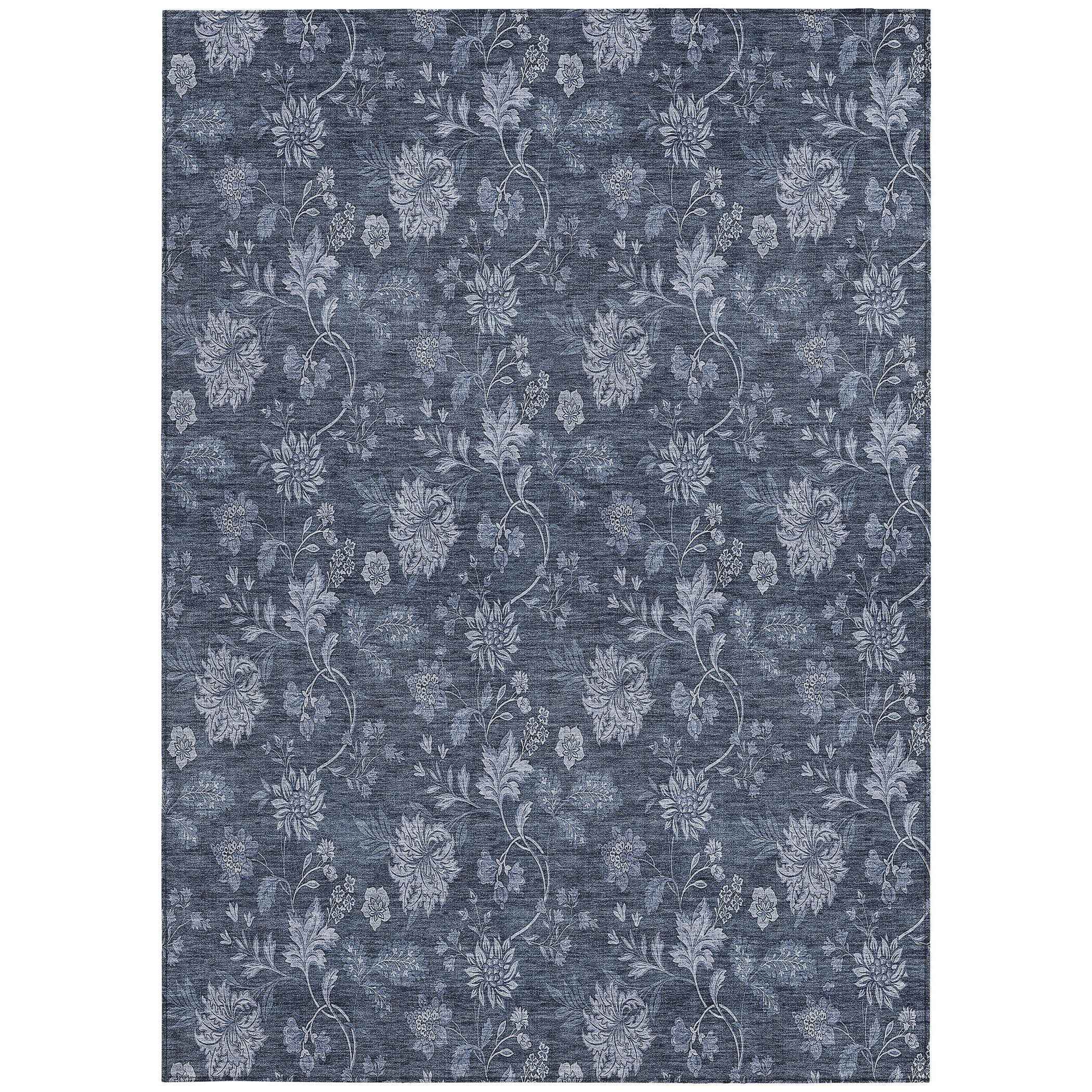 3' X 5' Denim Blue And Navy Blue Floral Washable Indoor Outdoor Area Rug