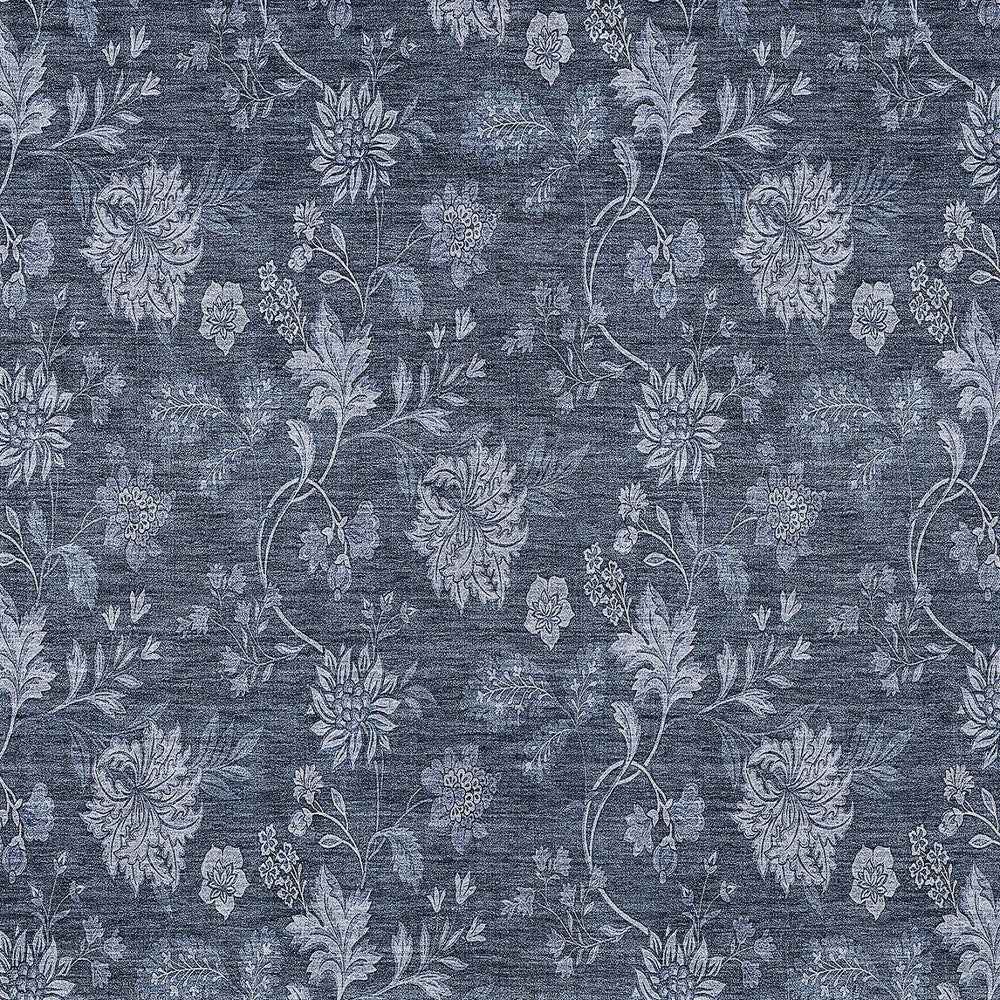 3' X 5' Denim Blue And Navy Blue Floral Washable Indoor Outdoor Area Rug
