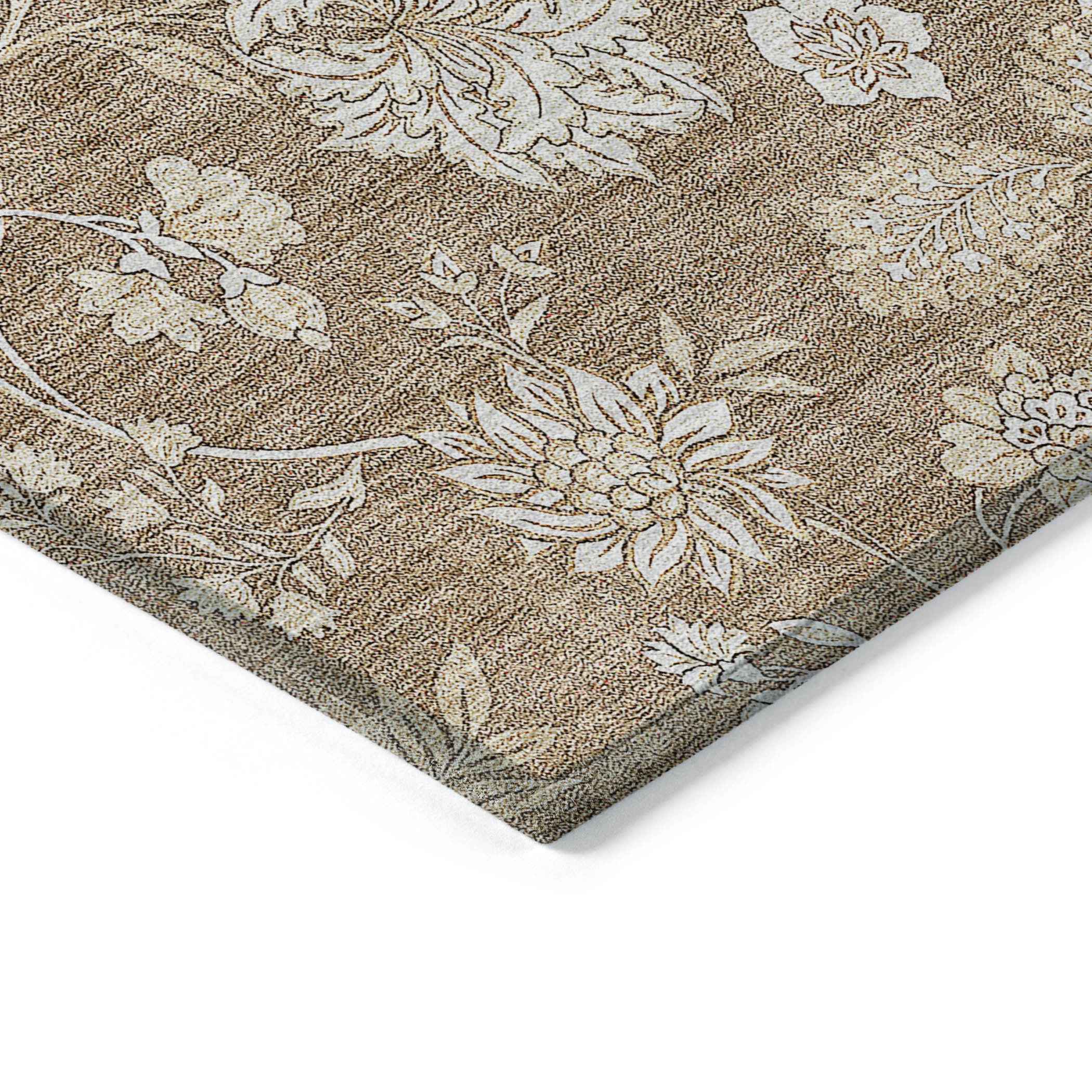 3' X 5' Copper And Beige Floral Washable Indoor Outdoor Area Rug