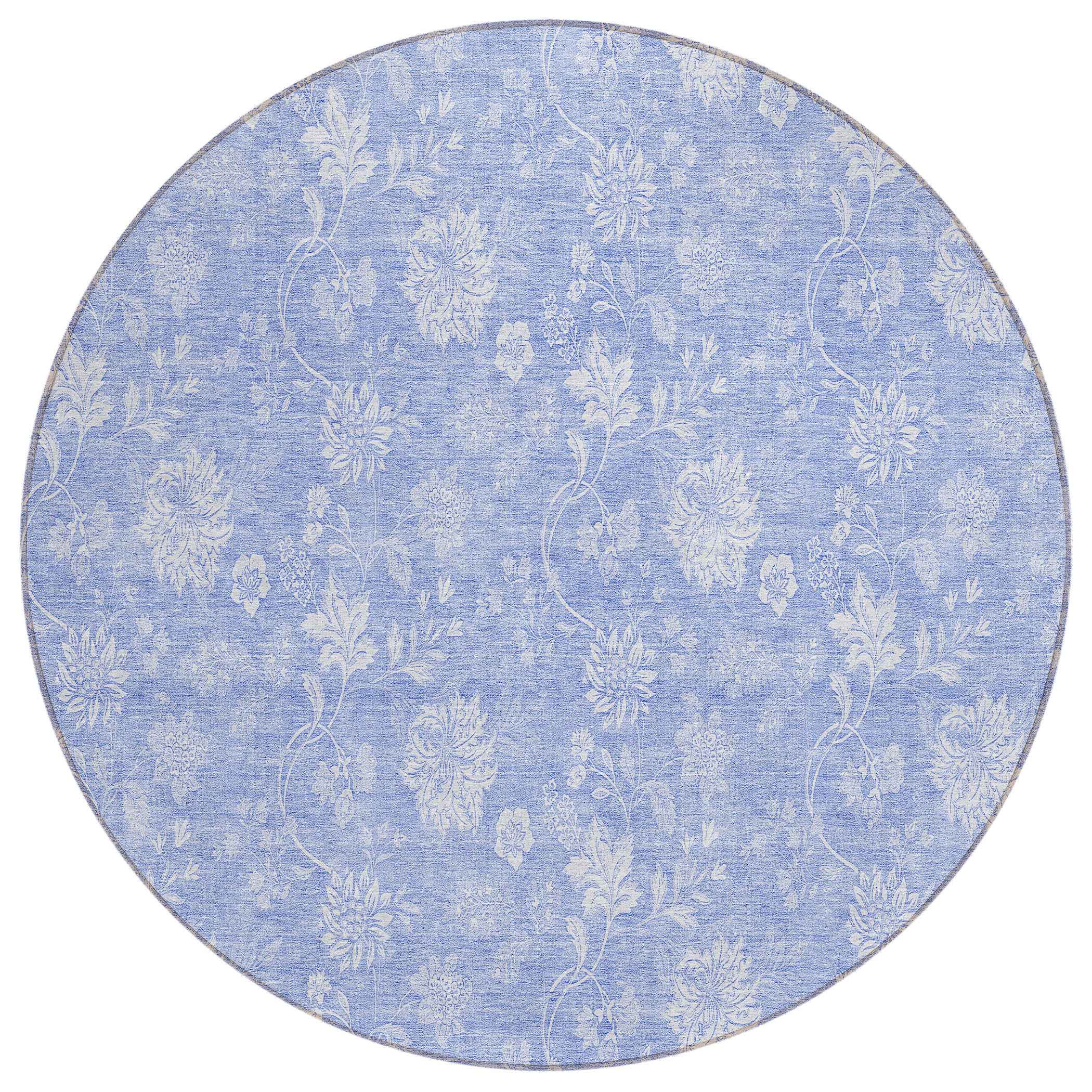 8' Sky Blue Denim Blue And Ivory Round Floral Washable Indoor Outdoor Area Rug