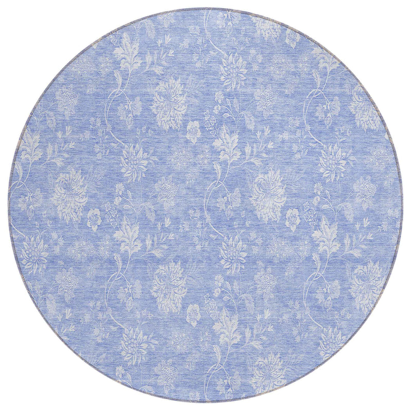 8' Sky Blue Denim Blue And Ivory Round Floral Washable Indoor Outdoor Area Rug