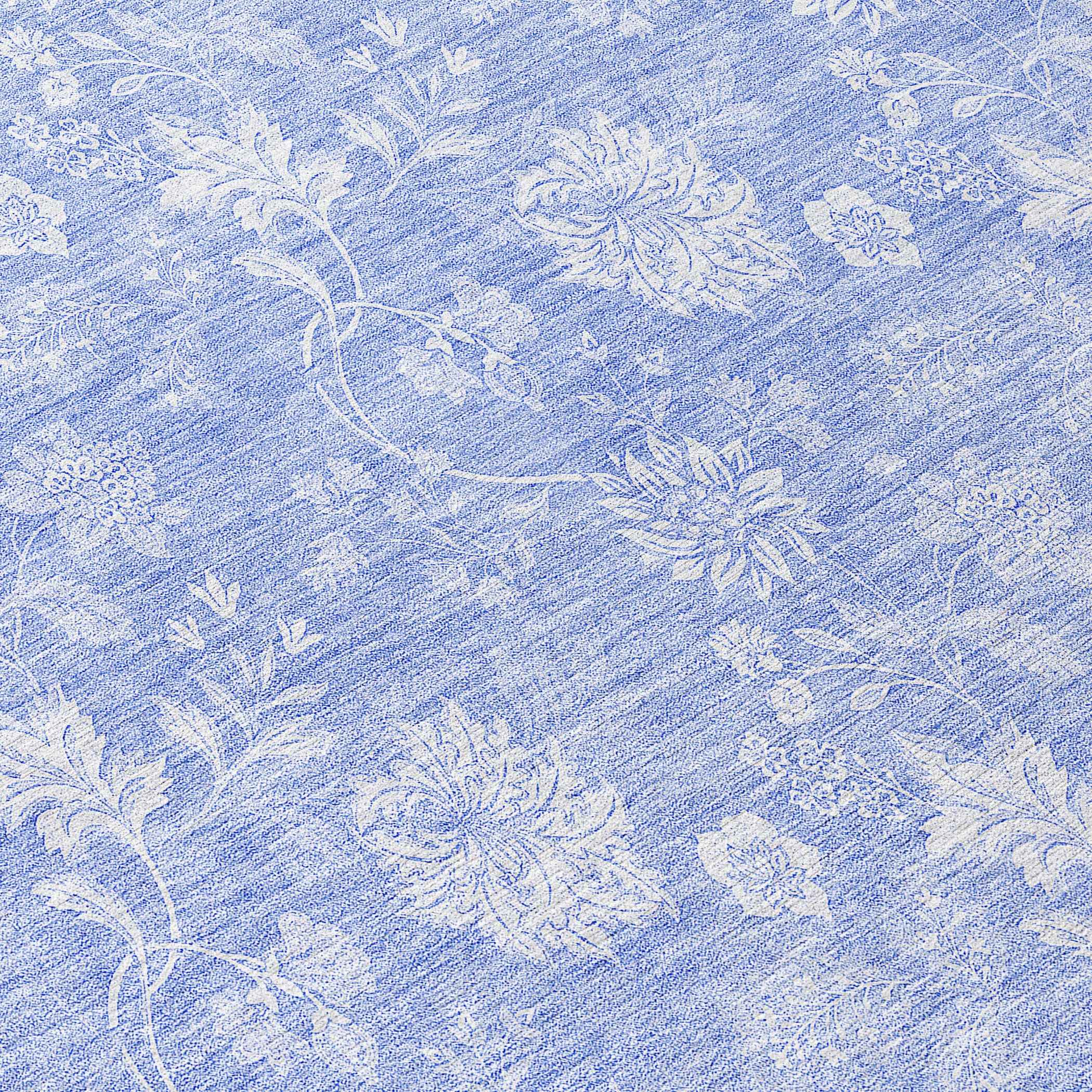 8' Sky Blue Denim Blue And Ivory Round Floral Washable Indoor Outdoor Area Rug