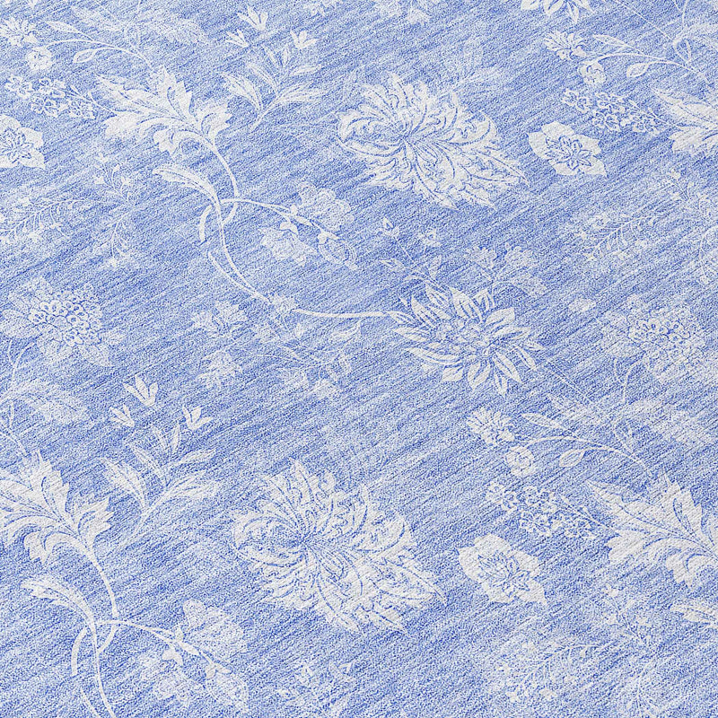 8' Sky Blue Denim Blue And Ivory Round Floral Washable Indoor Outdoor Area Rug