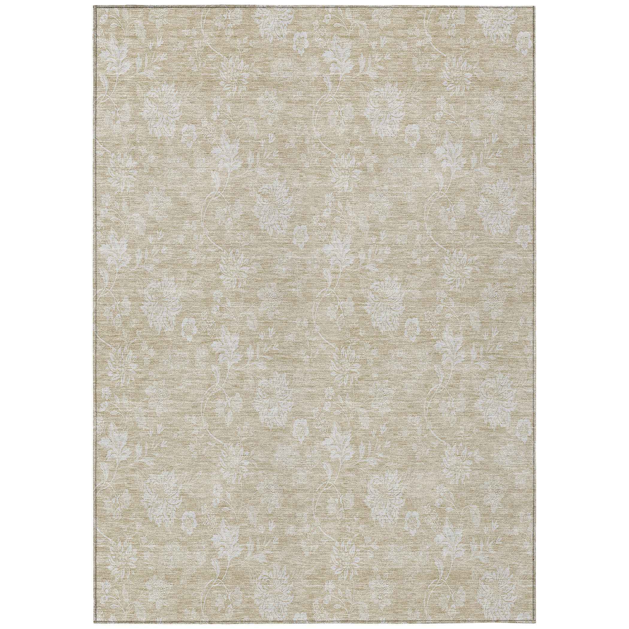 5' X 8' Beige Tan And Ivory Floral Washable Indoor Outdoor Area Rug
