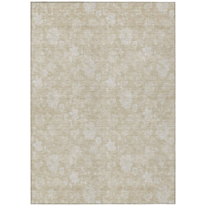 5' X 8' Beige Tan And Ivory Floral Washable Indoor Outdoor Area Rug