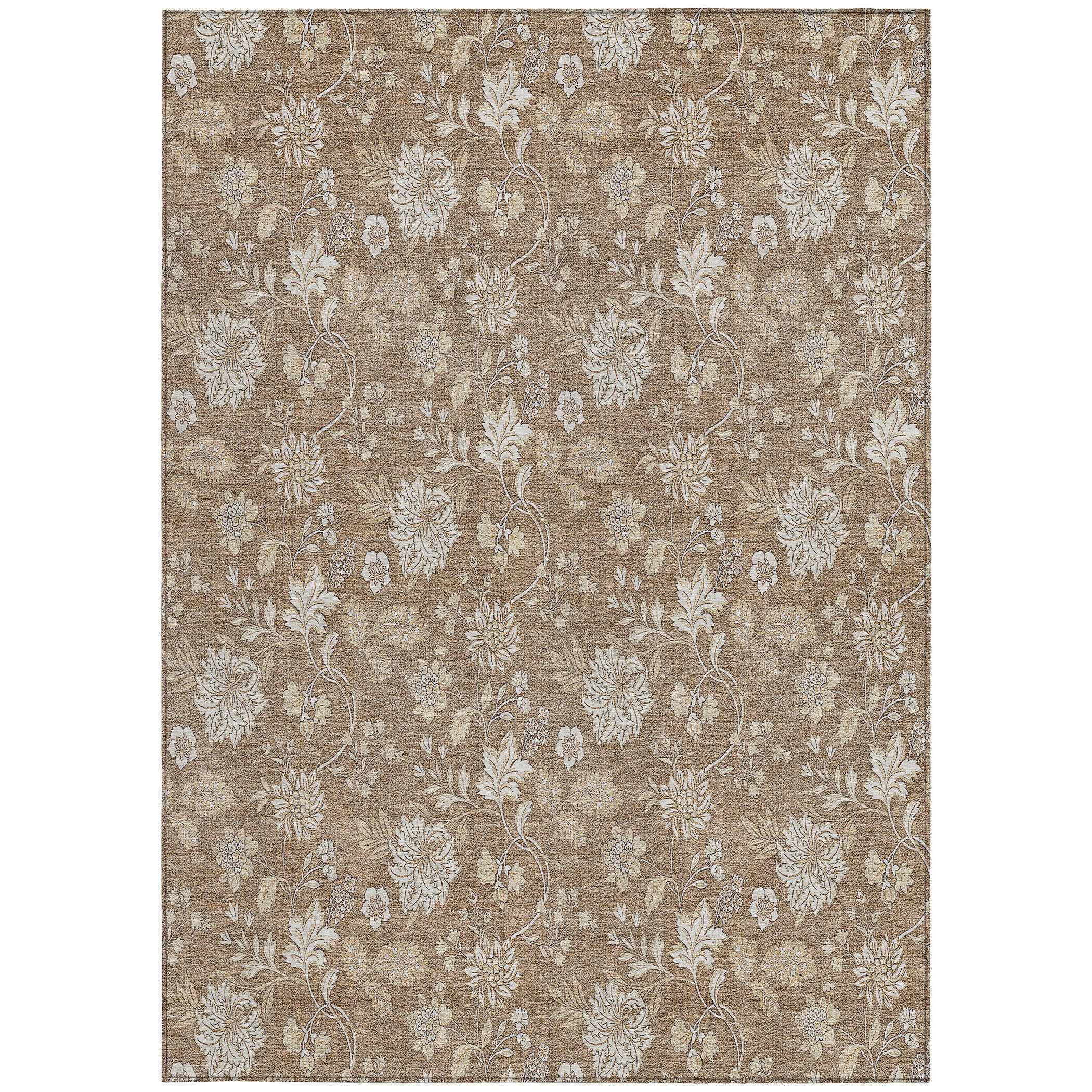 3' X 5' Copper And Beige Floral Washable Indoor Outdoor Area Rug
