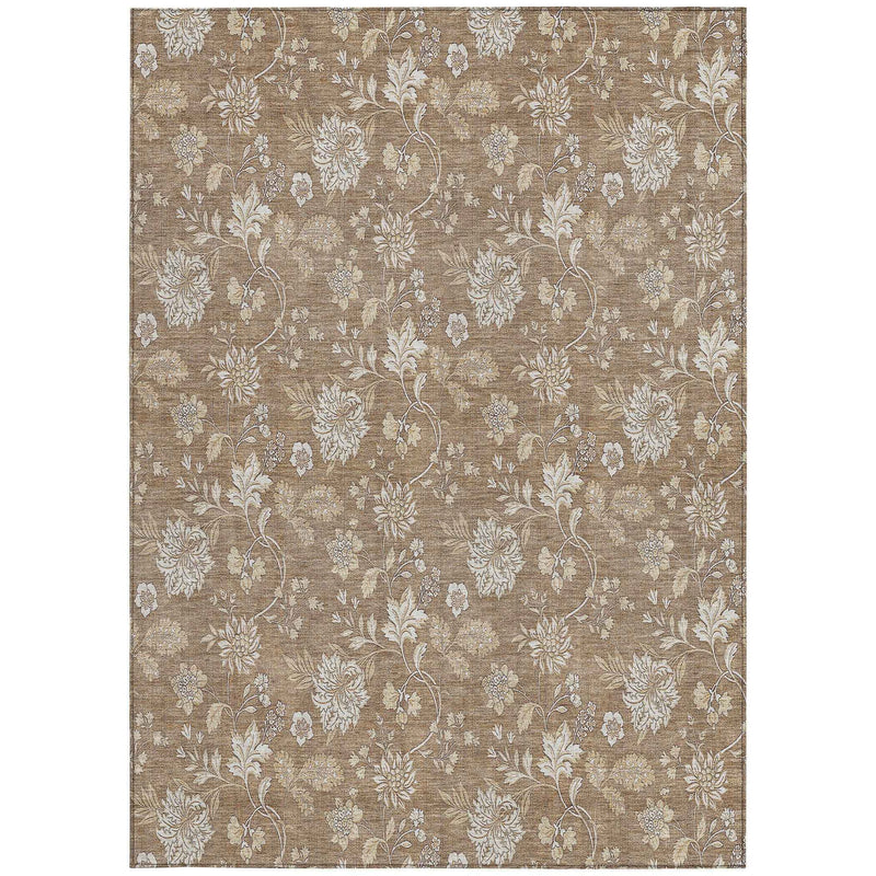 3' X 5' Copper And Beige Floral Washable Indoor Outdoor Area Rug