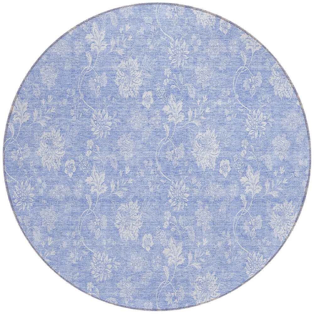 8' Sky Blue Denim Blue And Ivory Round Floral Washable Indoor Outdoor Area Rug