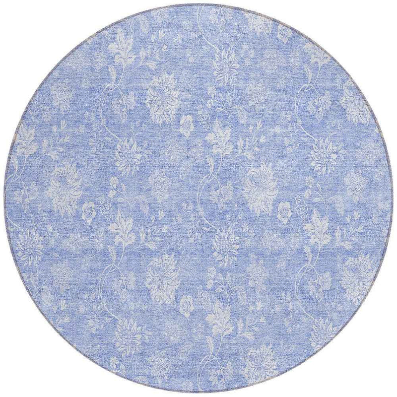 8' Sky Blue Denim Blue And Ivory Round Floral Washable Indoor Outdoor Area Rug