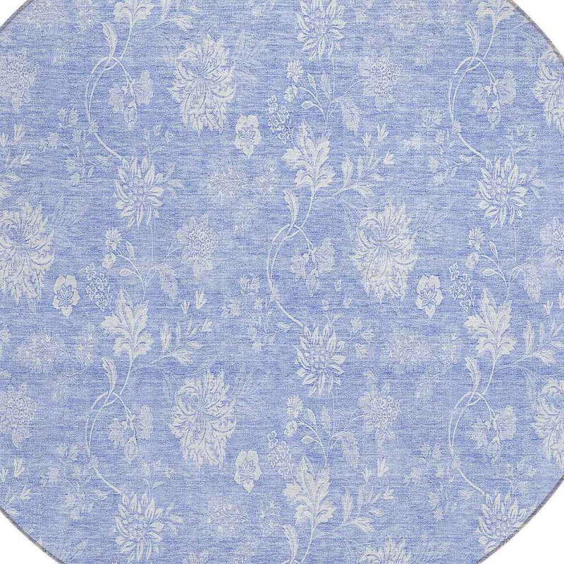 8' Sky Blue Denim Blue And Ivory Round Floral Washable Indoor Outdoor Area Rug