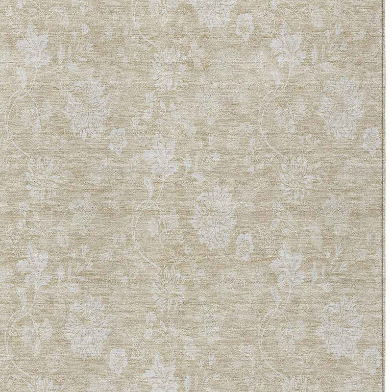 5' X 8' Beige Tan And Ivory Floral Washable Indoor Outdoor Area Rug