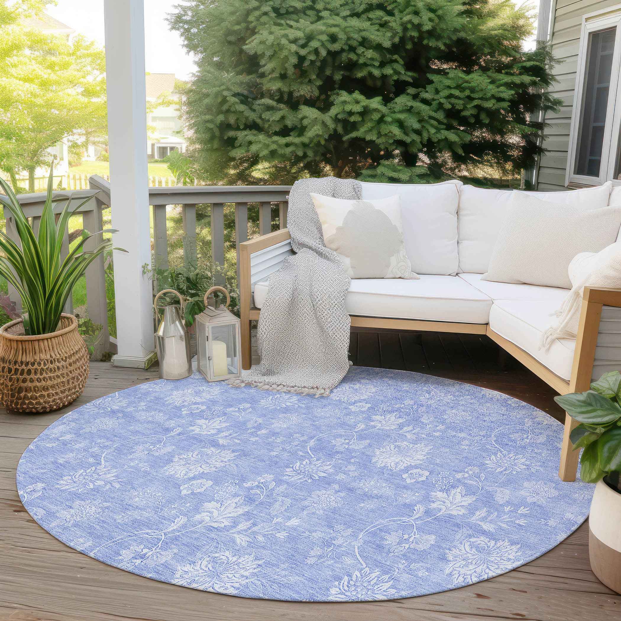 8' Sky Blue Denim Blue And Ivory Round Floral Washable Indoor Outdoor Area Rug