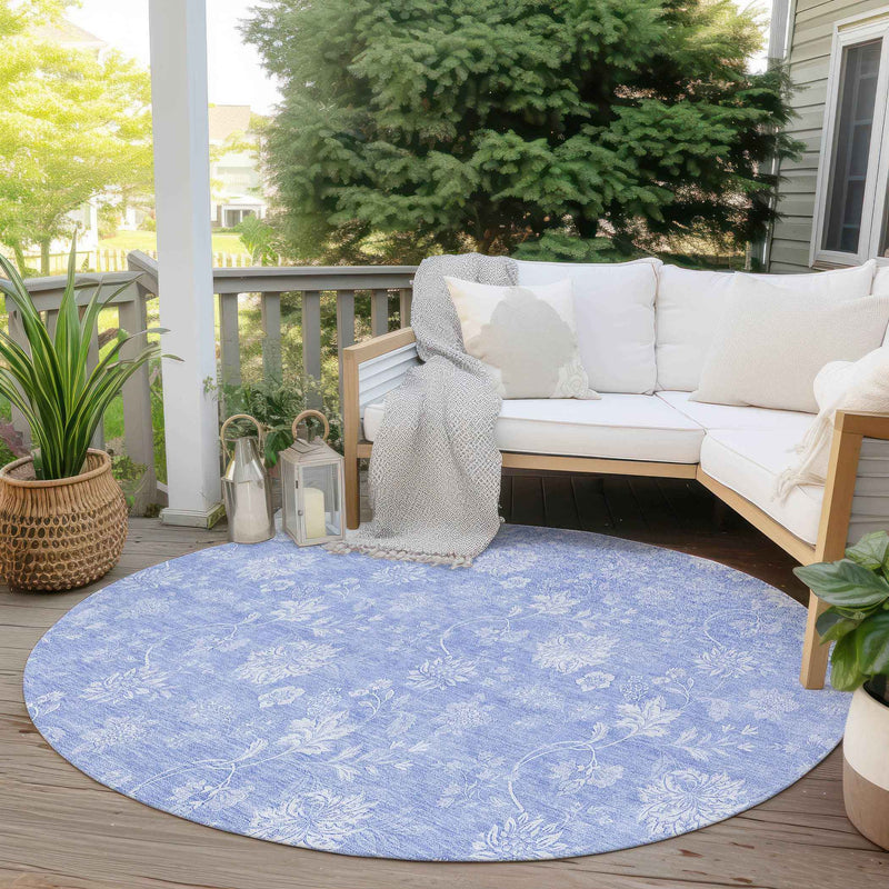 8' Sky Blue Denim Blue And Ivory Round Floral Washable Indoor Outdoor Area Rug