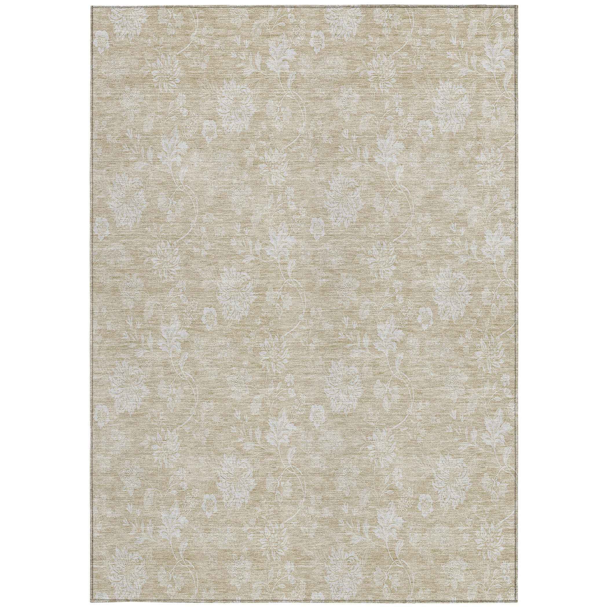 5' X 8' Beige Tan And Ivory Floral Washable Indoor Outdoor Area Rug