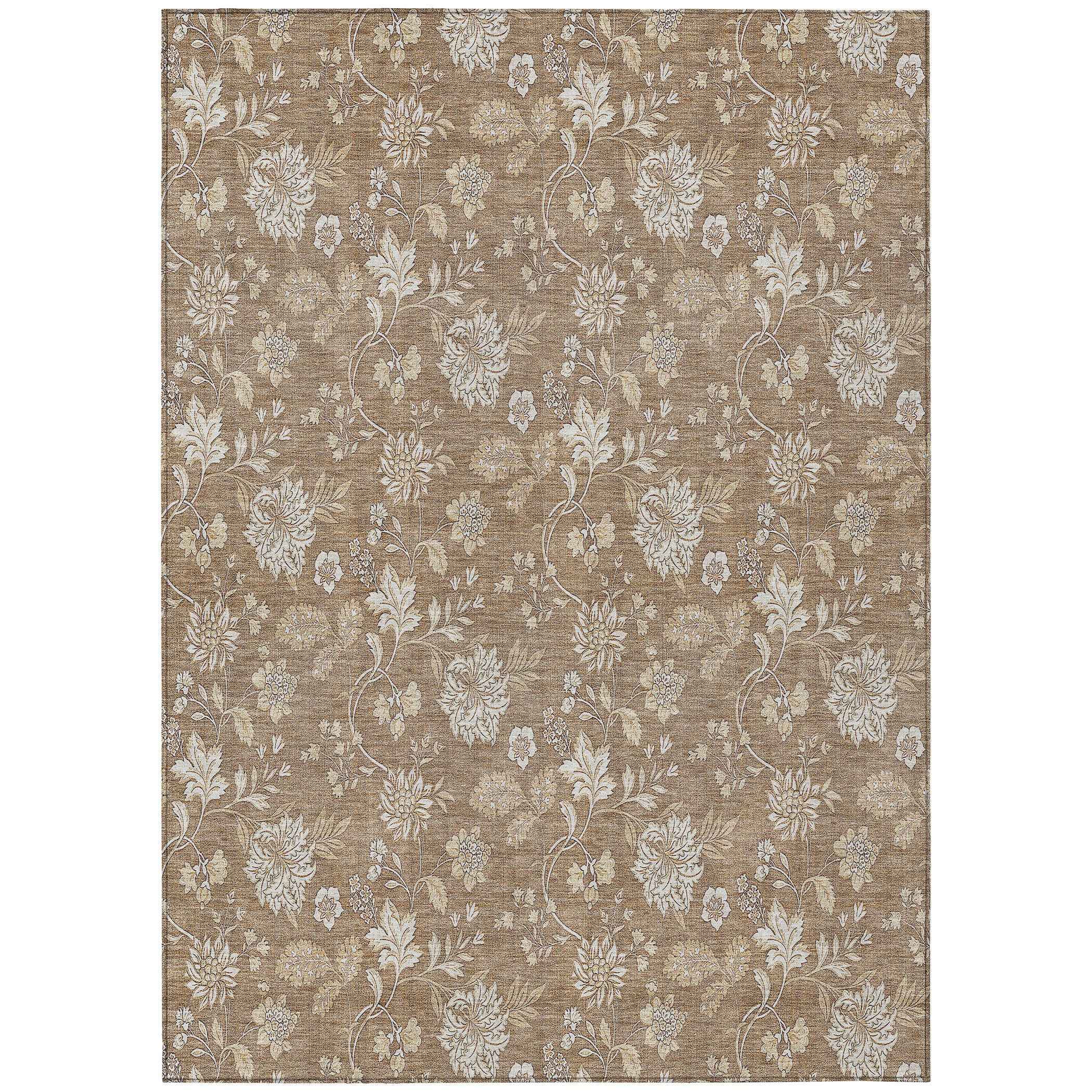 3' X 5' Copper And Beige Floral Washable Indoor Outdoor Area Rug