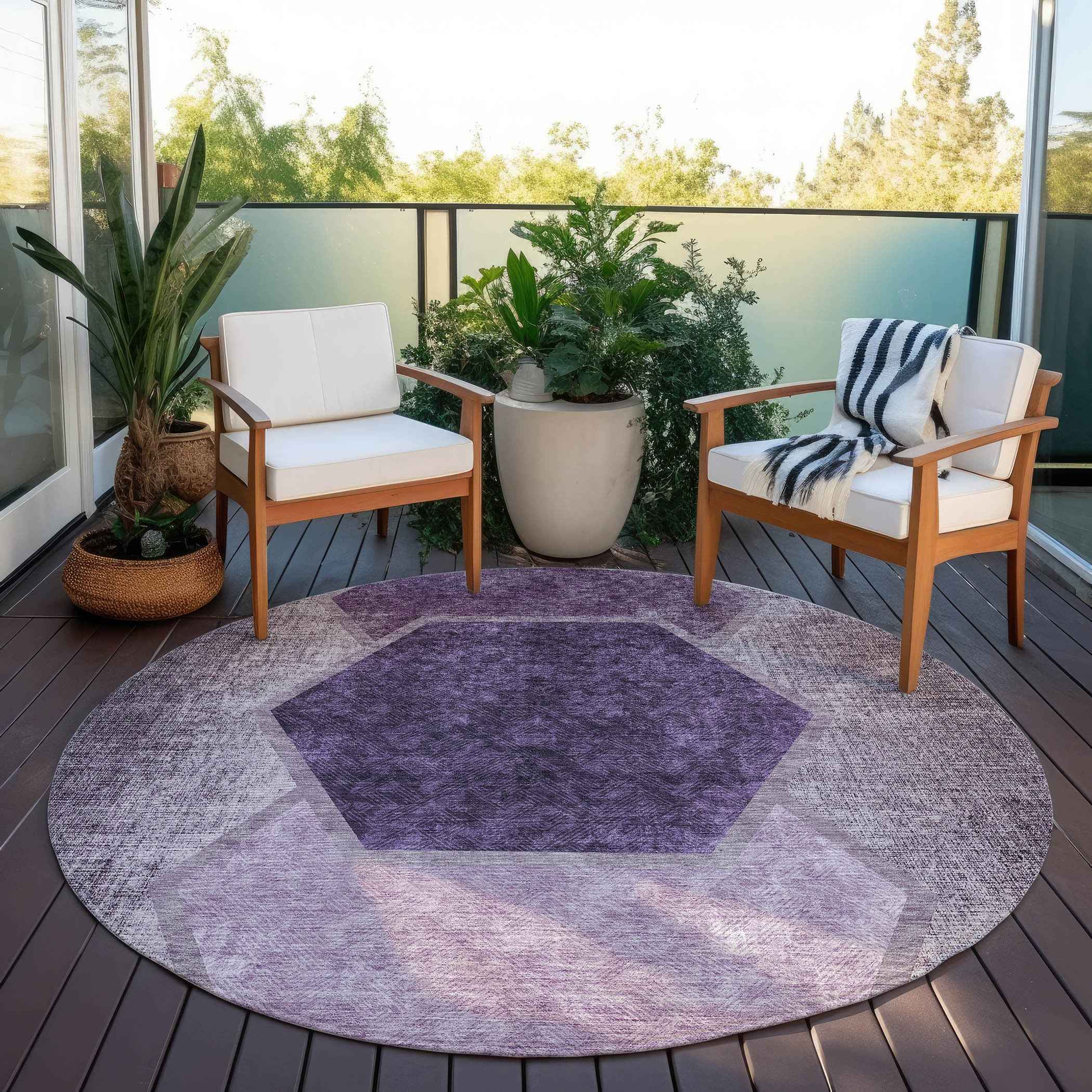 8' Eggplant Purple And Lavender Round Geometric Washable Indoor Outdoor Area Rug