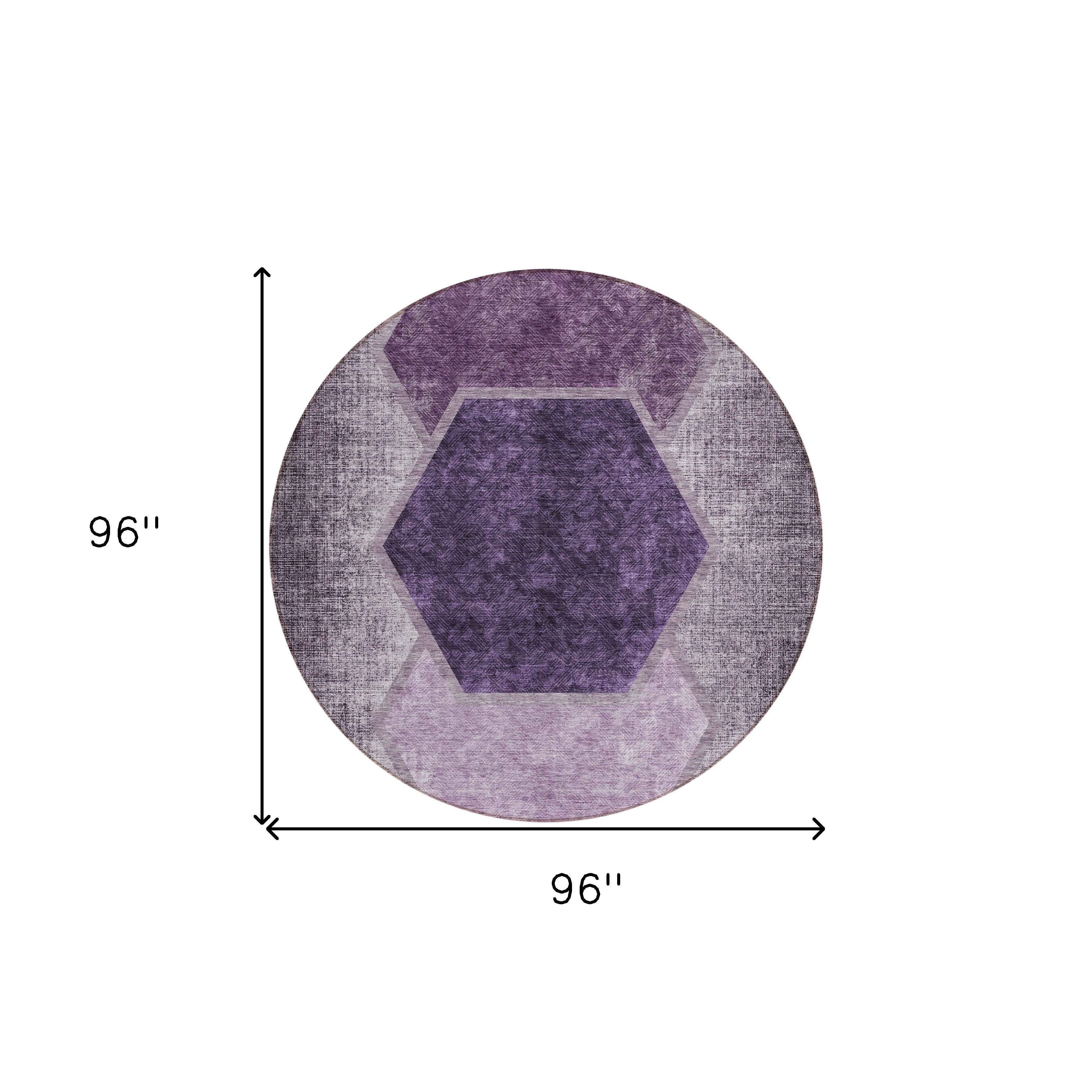 8' Eggplant Purple And Lavender Round Geometric Washable Indoor Outdoor Area Rug