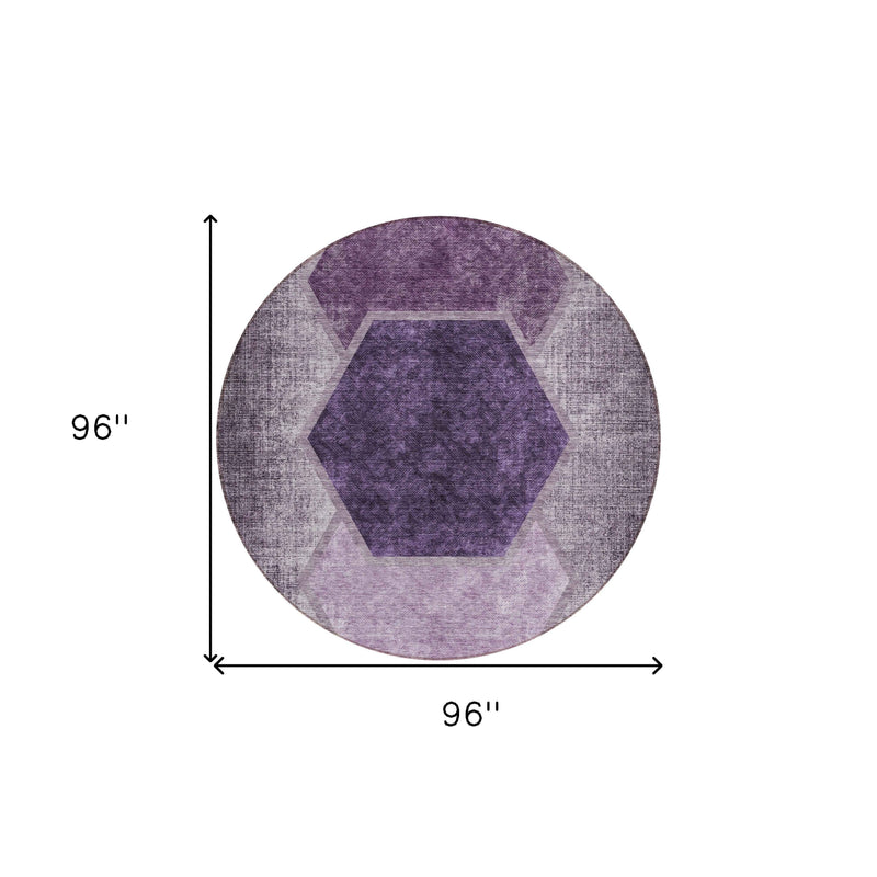 8' Eggplant Purple And Lavender Round Geometric Washable Indoor Outdoor Area Rug