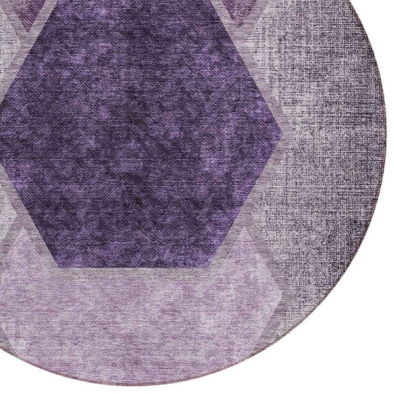 8' Eggplant Purple And Lavender Round Geometric Washable Indoor Outdoor Area Rug