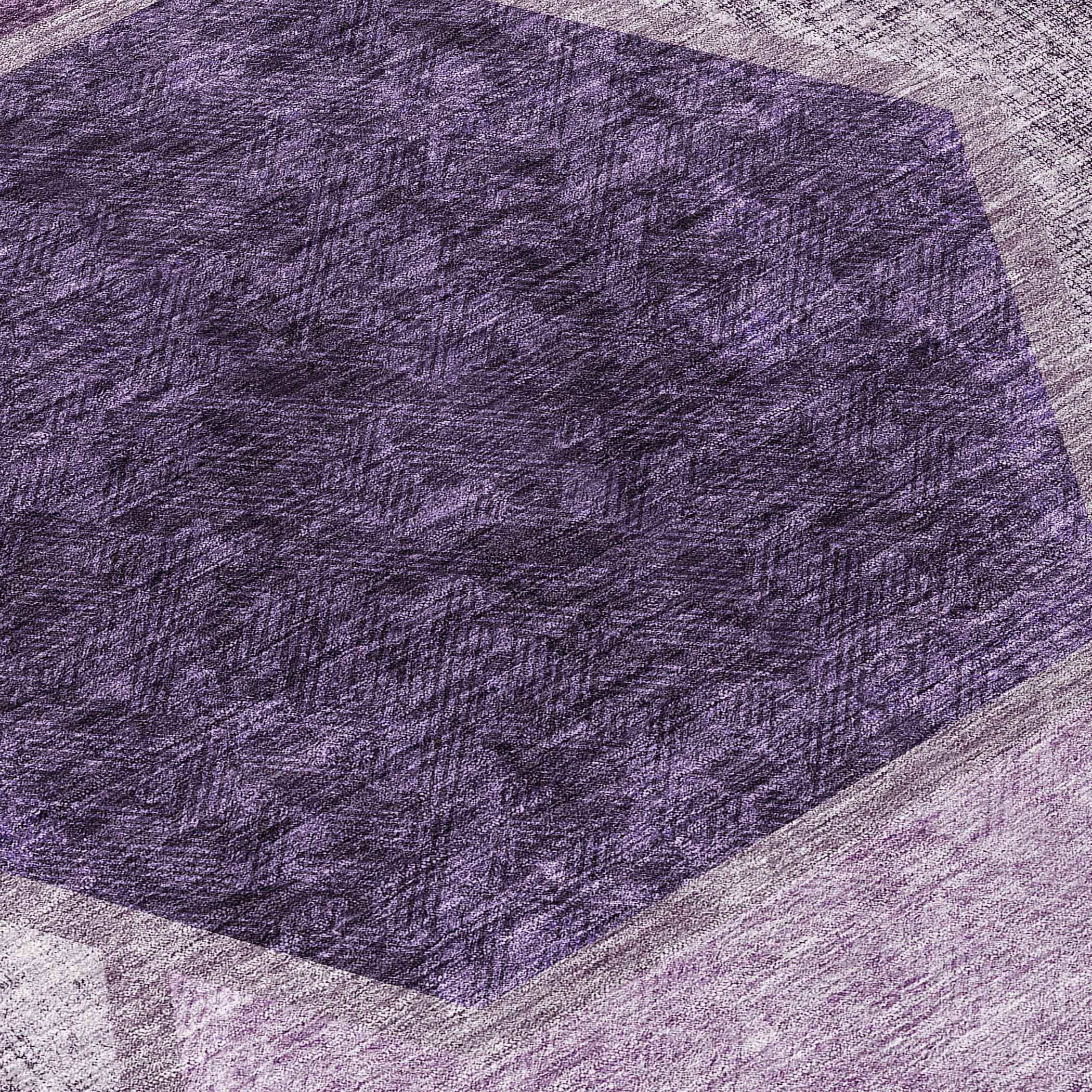 8' Eggplant Purple And Lavender Round Geometric Washable Indoor Outdoor Area Rug