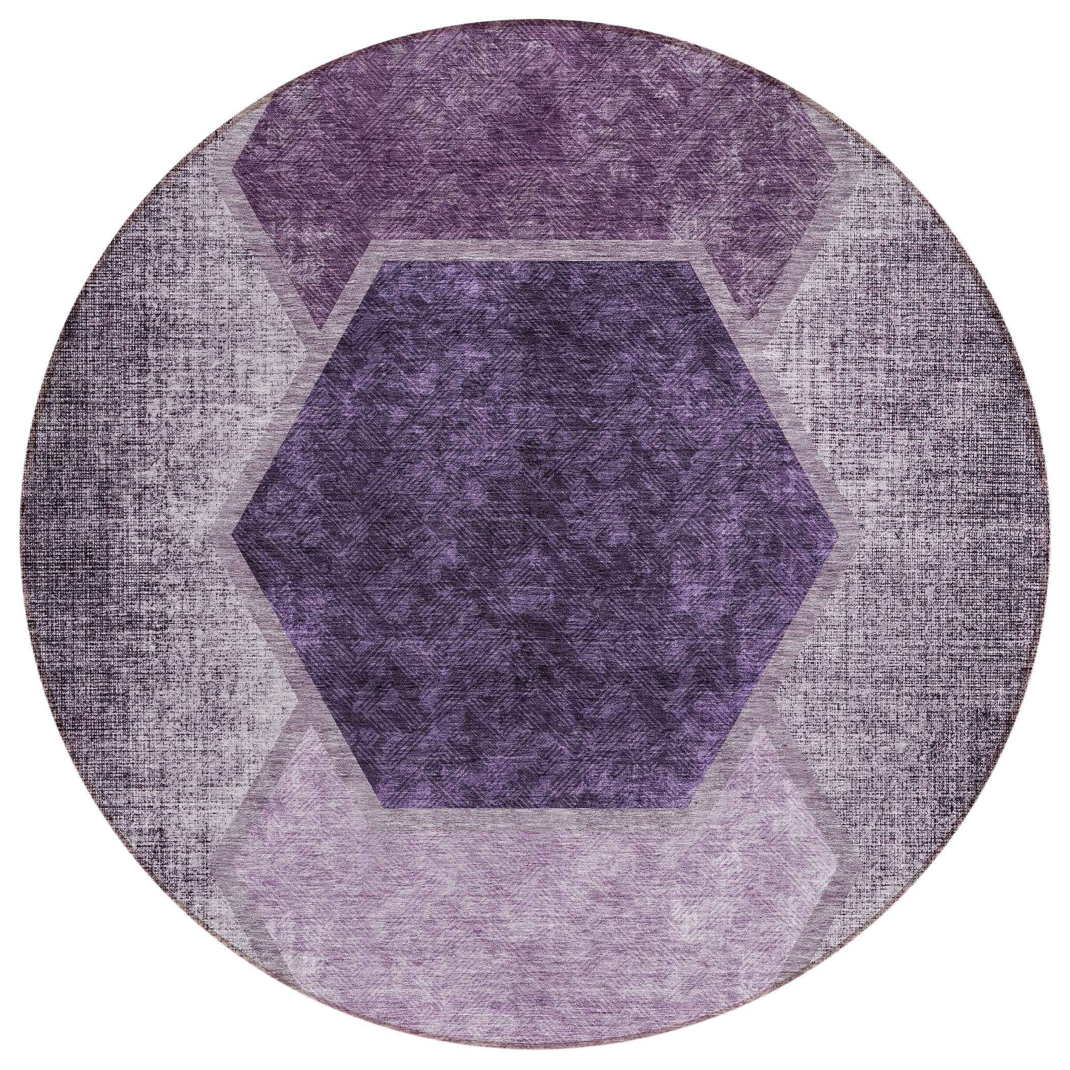8' Eggplant Purple And Lavender Round Geometric Washable Indoor Outdoor Area Rug