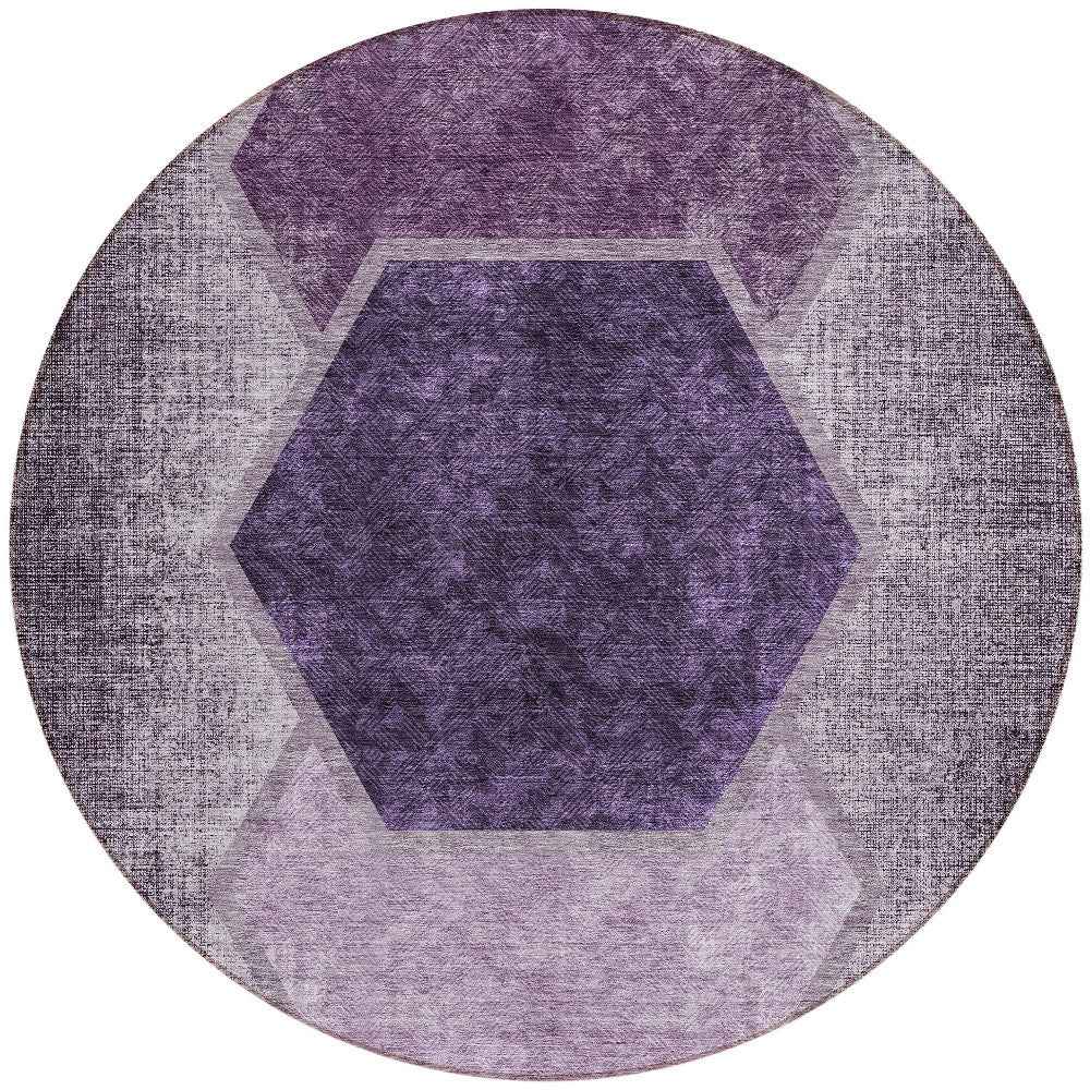 8' Eggplant Purple And Lavender Round Geometric Washable Indoor Outdoor Area Rug