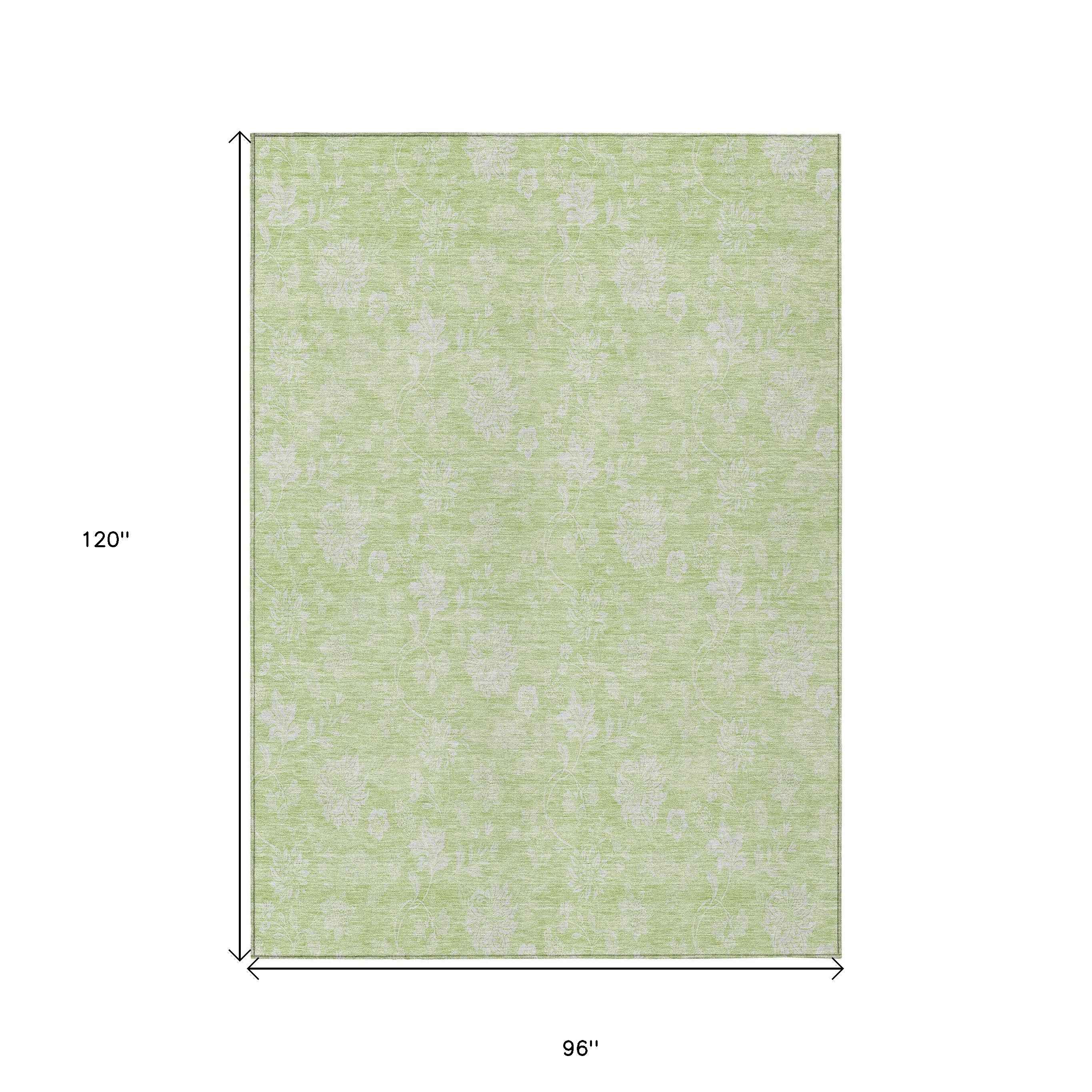 8' X 10' Artichoke Green Mint Green And Ivory Floral Washable Indoor Outdoor Area Rug