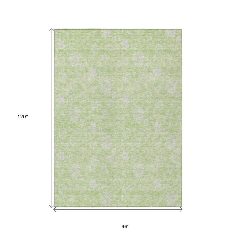 8' X 10' Artichoke Green Mint Green And Ivory Floral Washable Indoor Outdoor Area Rug