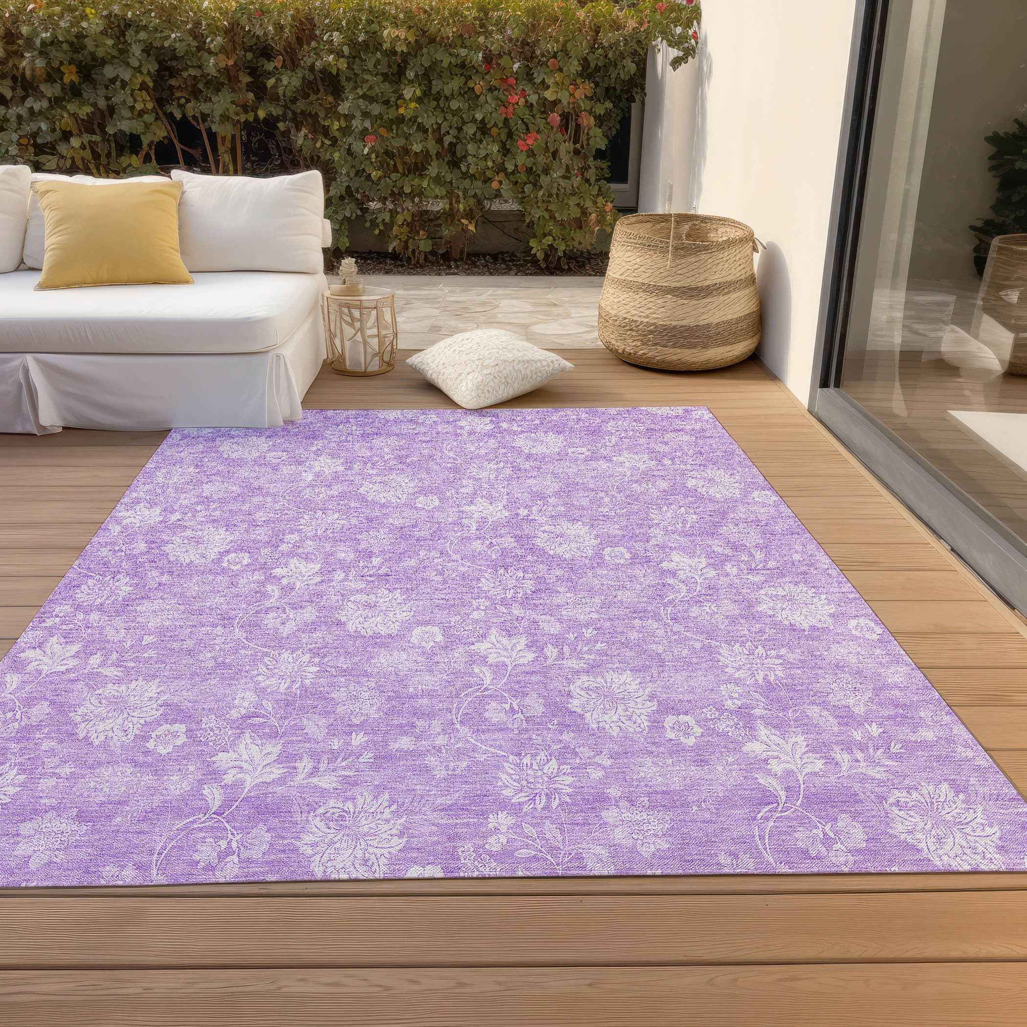 8' X 10' Lavender And Lilac Floral Washable Indoor Outdoor Area Rug