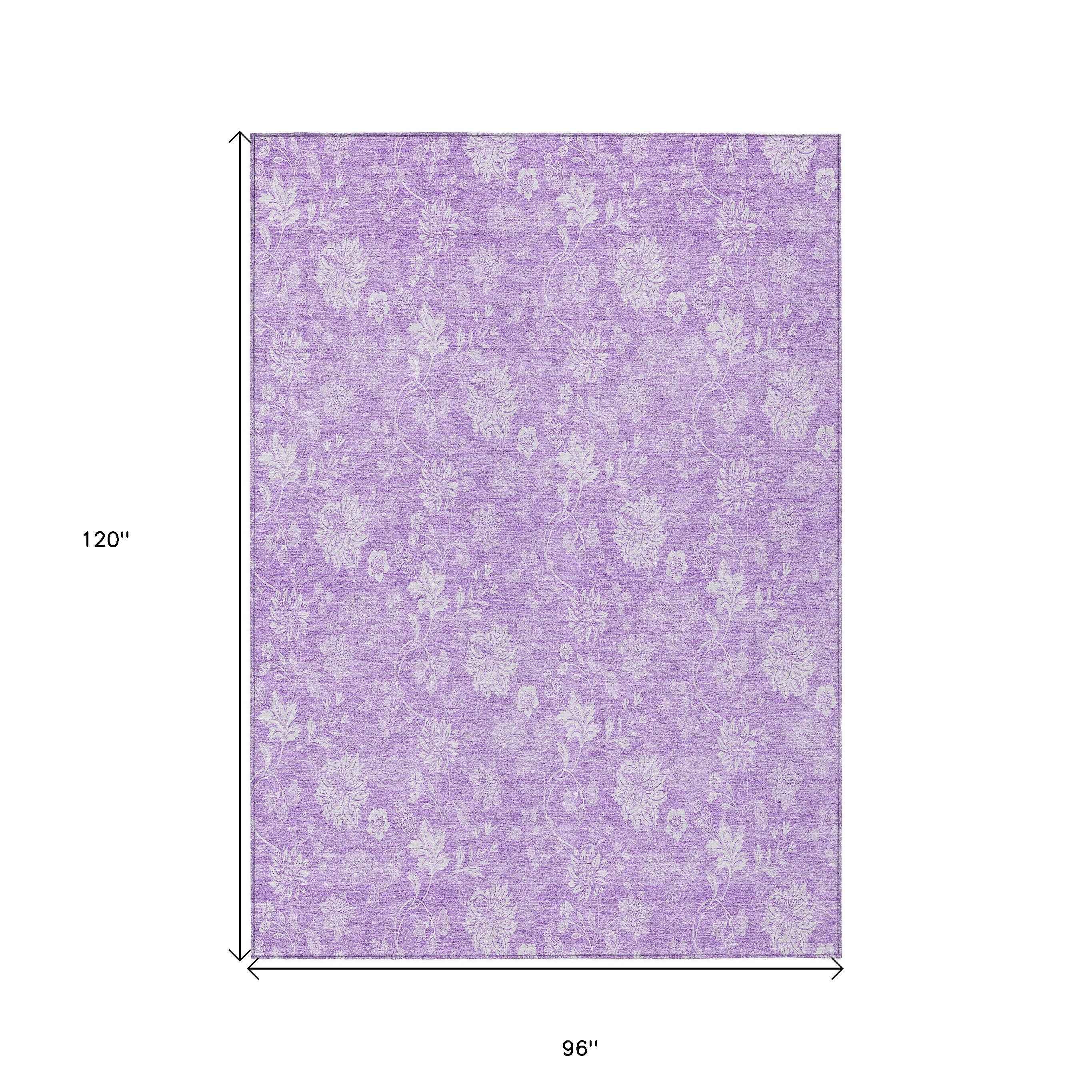 8' X 10' Lavender And Lilac Floral Washable Indoor Outdoor Area Rug