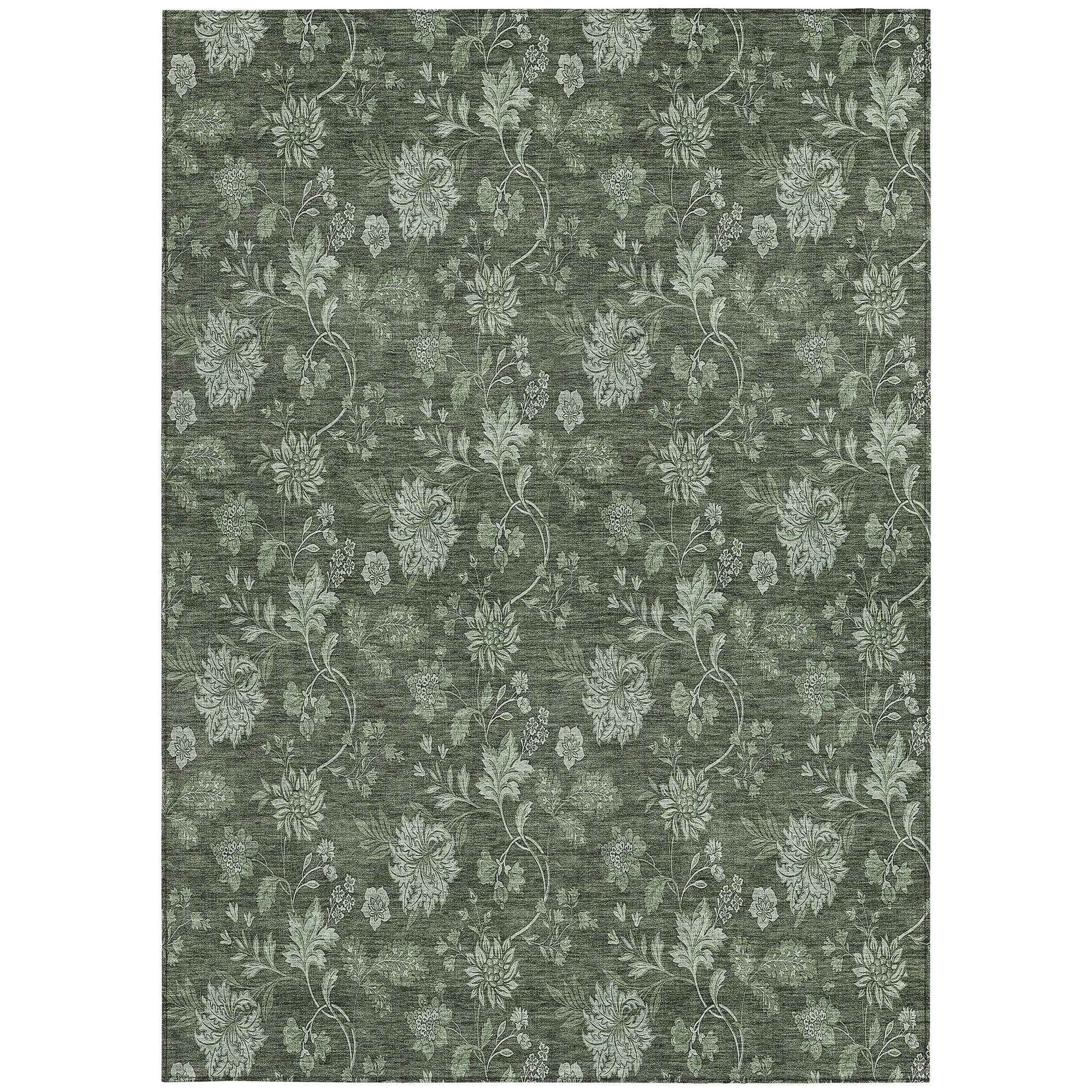 10' X 14' Olive Green And Artichoke Green Floral Washable Indoor Outdoor Area Rug