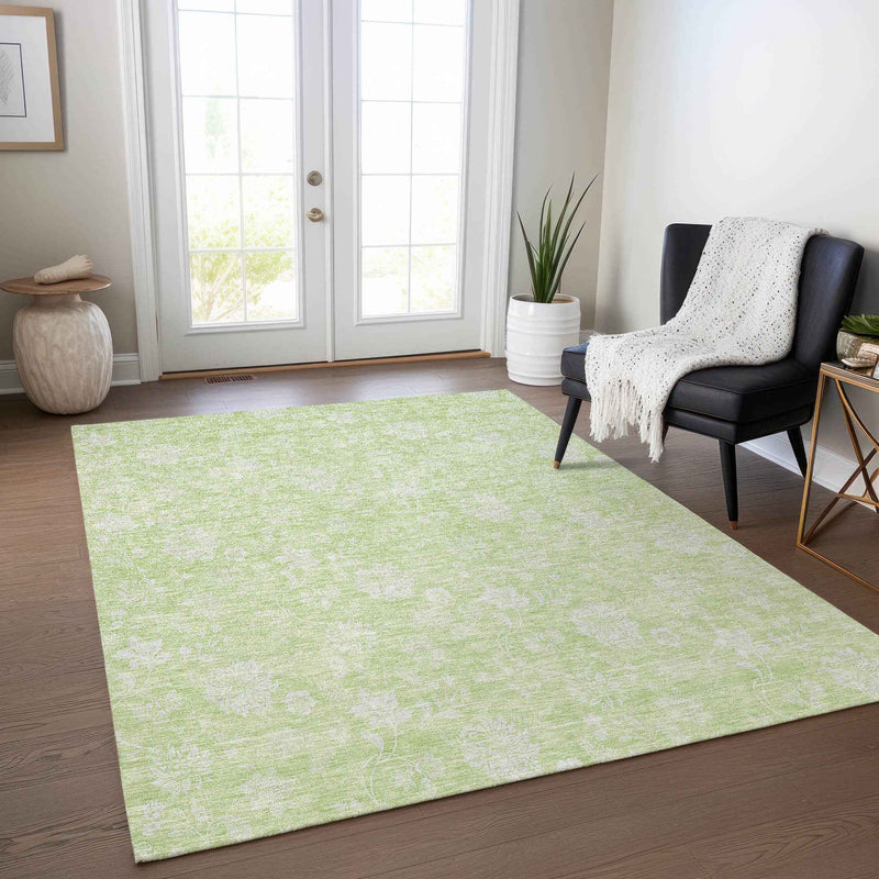 5' X 8' Artichoke Green Mint Green And Ivory Floral Washable Indoor Outdoor Area Rug