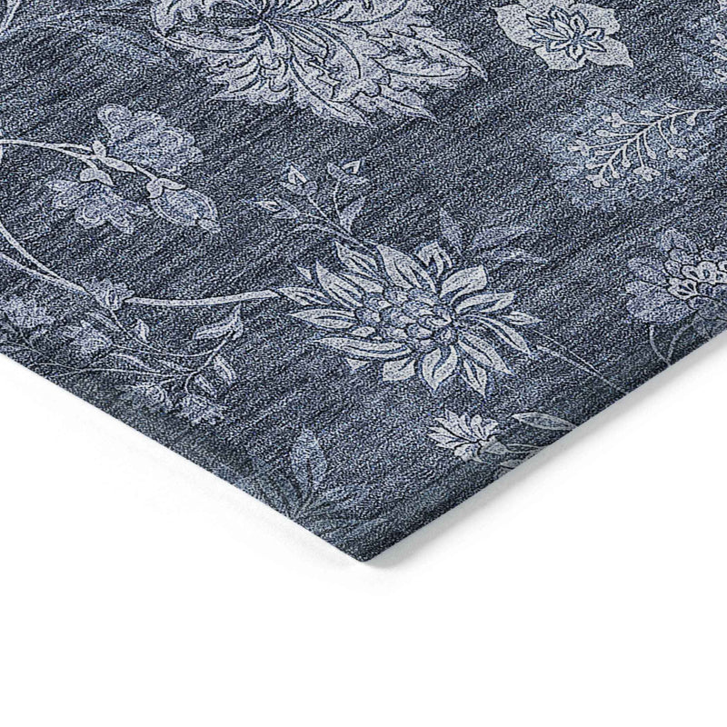 8' X 10' Denim Blue And Navy Blue Floral Washable Indoor Outdoor Area Rug