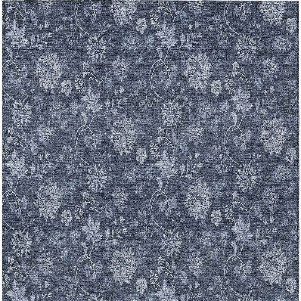 8' X 10' Denim Blue And Navy Blue Floral Washable Indoor Outdoor Area Rug