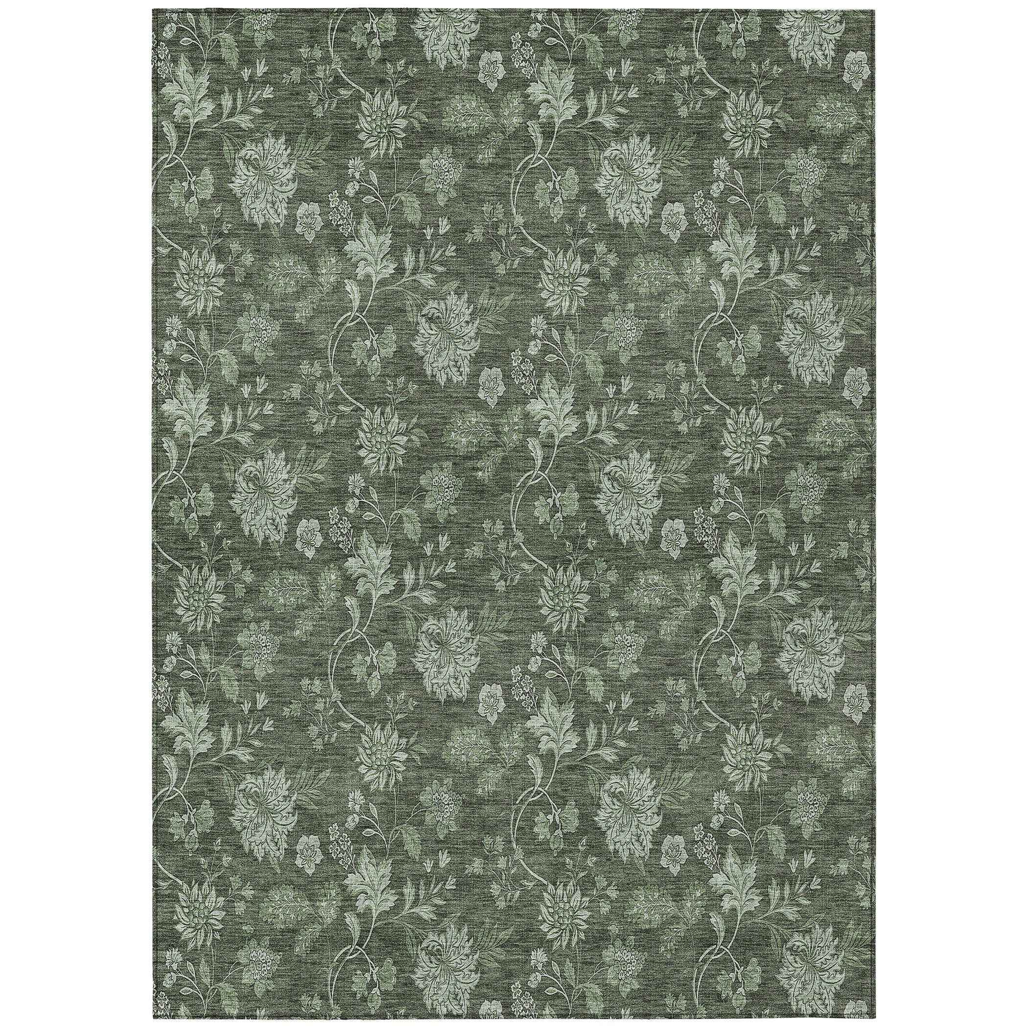 10' X 14' Olive Green And Artichoke Green Floral Washable Indoor Outdoor Area Rug