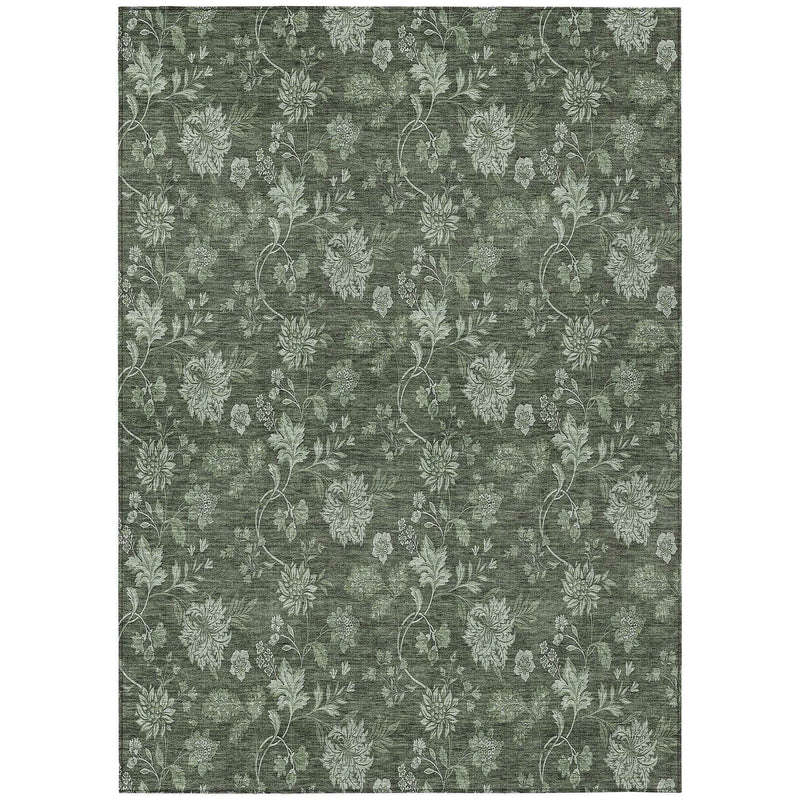 10' X 14' Olive Green And Artichoke Green Floral Washable Indoor Outdoor Area Rug