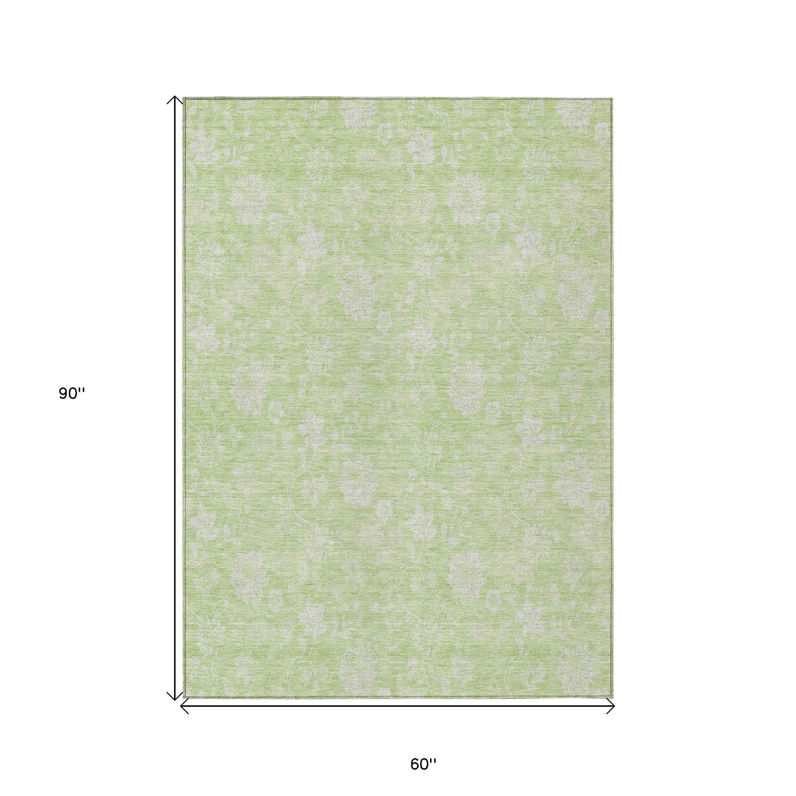 5' X 8' Artichoke Green Mint Green And Ivory Floral Washable Indoor Outdoor Area Rug