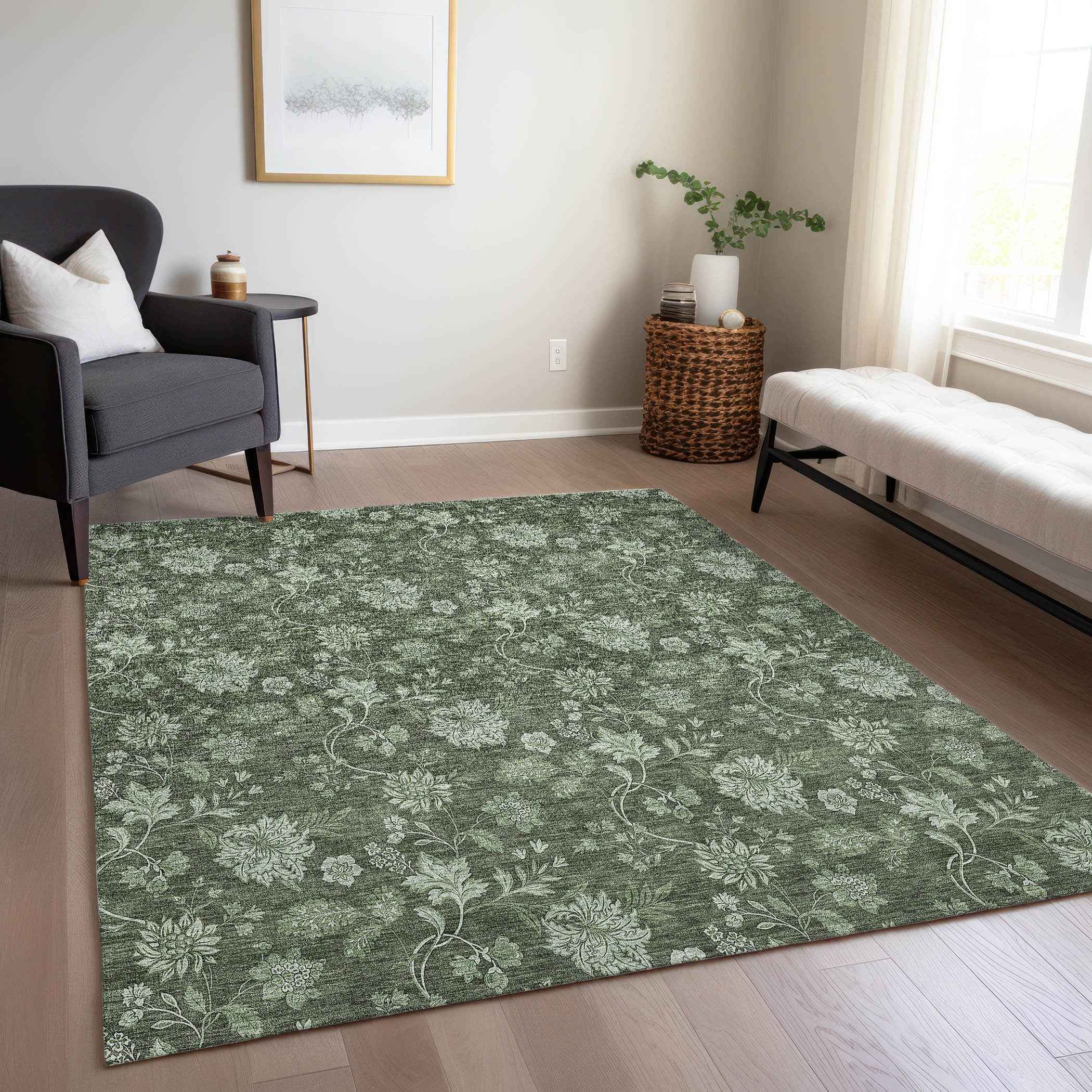 10' X 14' Olive Green And Artichoke Green Floral Washable Indoor Outdoor Area Rug